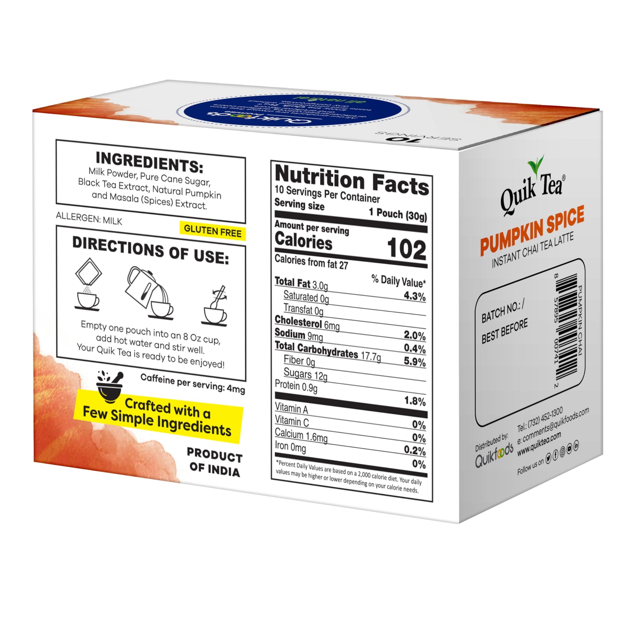 QuikTea Pumpkin Spice Instant Chai Tea Latte - 10 Count, Bold Flavor, Naturally Caffeine-Light, No Preservatives - Just Add Hot Water