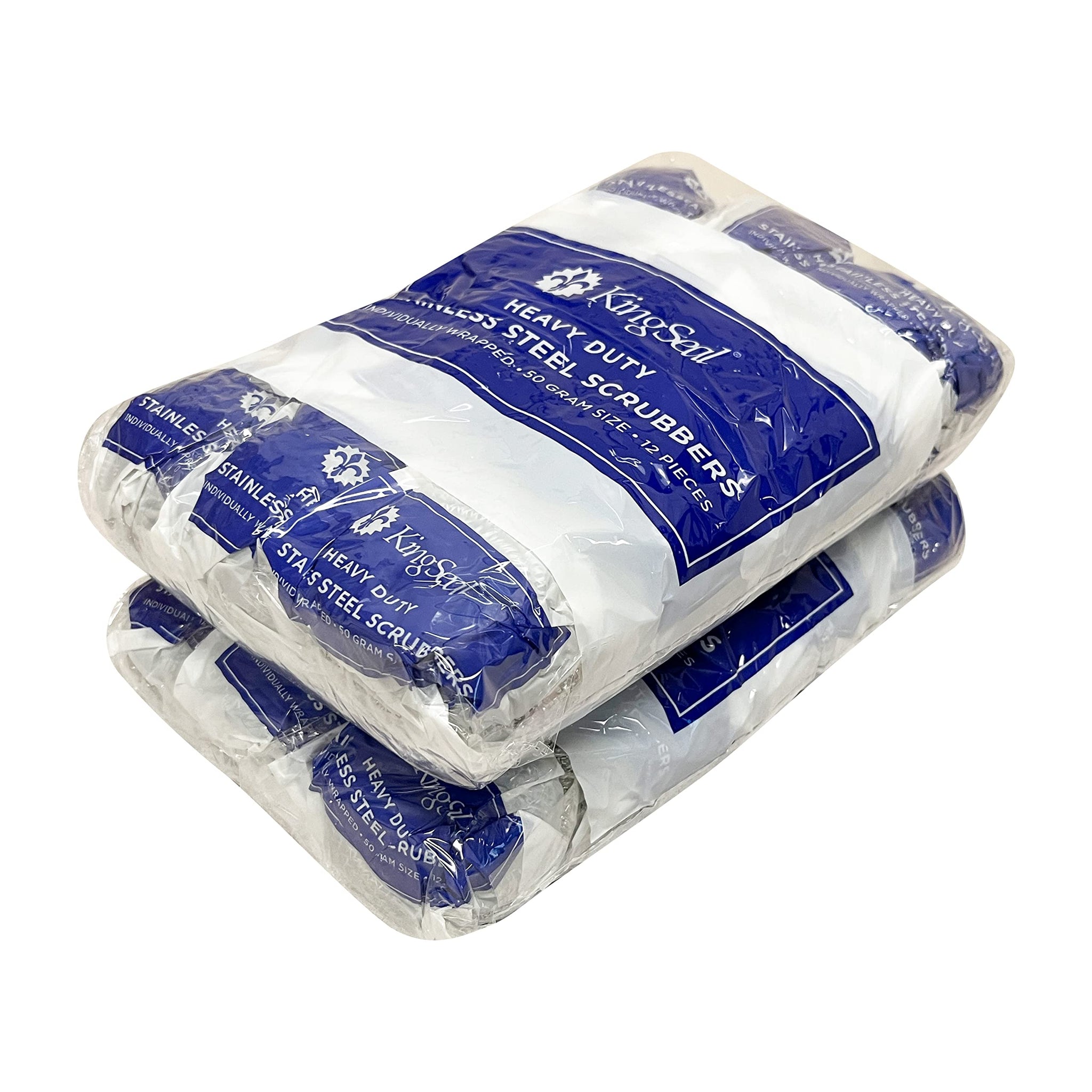 24 Count | KingSeal Stainless Steel Scrubbers, Scrub Pads, Heavy Duty, 50 gram Weight, Individually Wrapped - 2 Packs of 12 Scrubbers