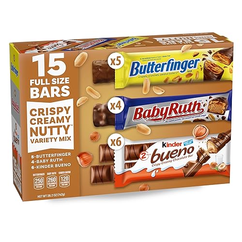 Butterfinger, Baby Ruth, Kinder Bueno, Assorted Crispy Creamy Nutty, Variety Mix, 15 Count, Full Size Candy Bars, 26.2 oz