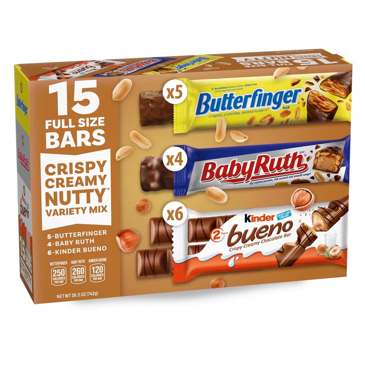 Butterfinger, Baby Ruth, Kinder Bueno, Assorted Crispy Creamy Nutty, Variety Mix, 15 Count, Full Size Candy Bars, 26.2 oz