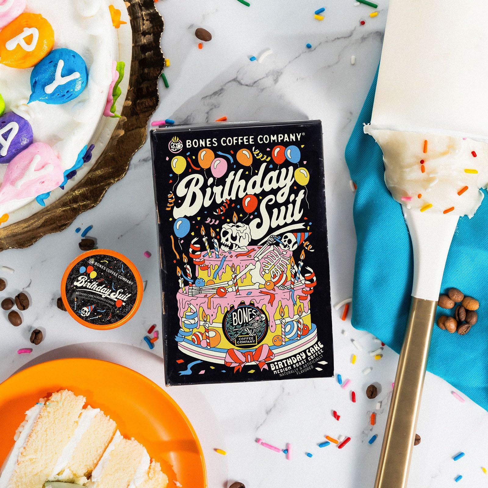 Bones Coffee Company Birthday Suit, Birthday Cake Flavored Coffee Pods, Low Acid Medium Roast Single-Serve Bones Cups, Compatible with 1.0 & 2.0