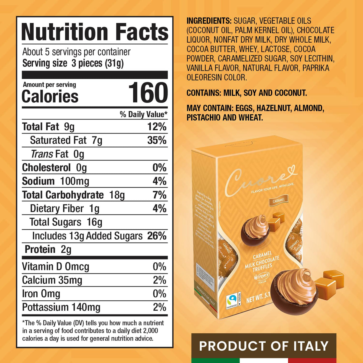 Witor's Cuore Chocolate Truffles, Italian Truffles, Caramel, 5.11 Ounce