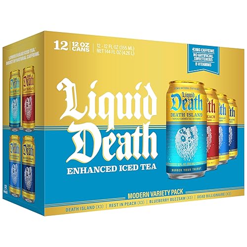 Liquid Death Iced Tea - Modern Variety, Less Sugar*, Boost of Caffeine, B Vitamins, No Artificial Sweeteners, 4 Flavors: Tea/Lemonade, Rest in Peach