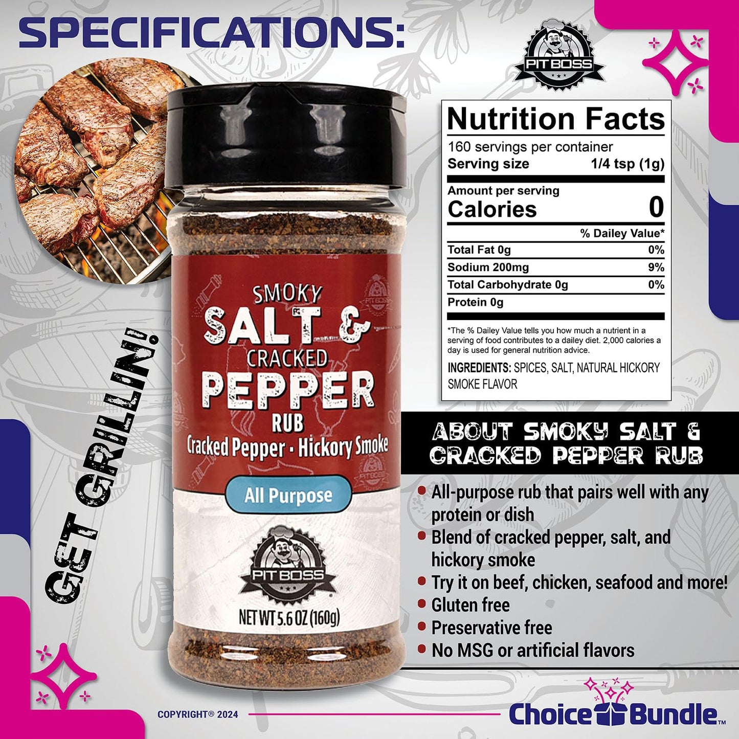 Pit Boss Smoky Salt & Cracked Pepper All Purpose AP Premium BBQ Barbecue Mixed Seasoning Spice & Rub 2 pk Choice Bundle (11.2 oz) + Guide & Keychain