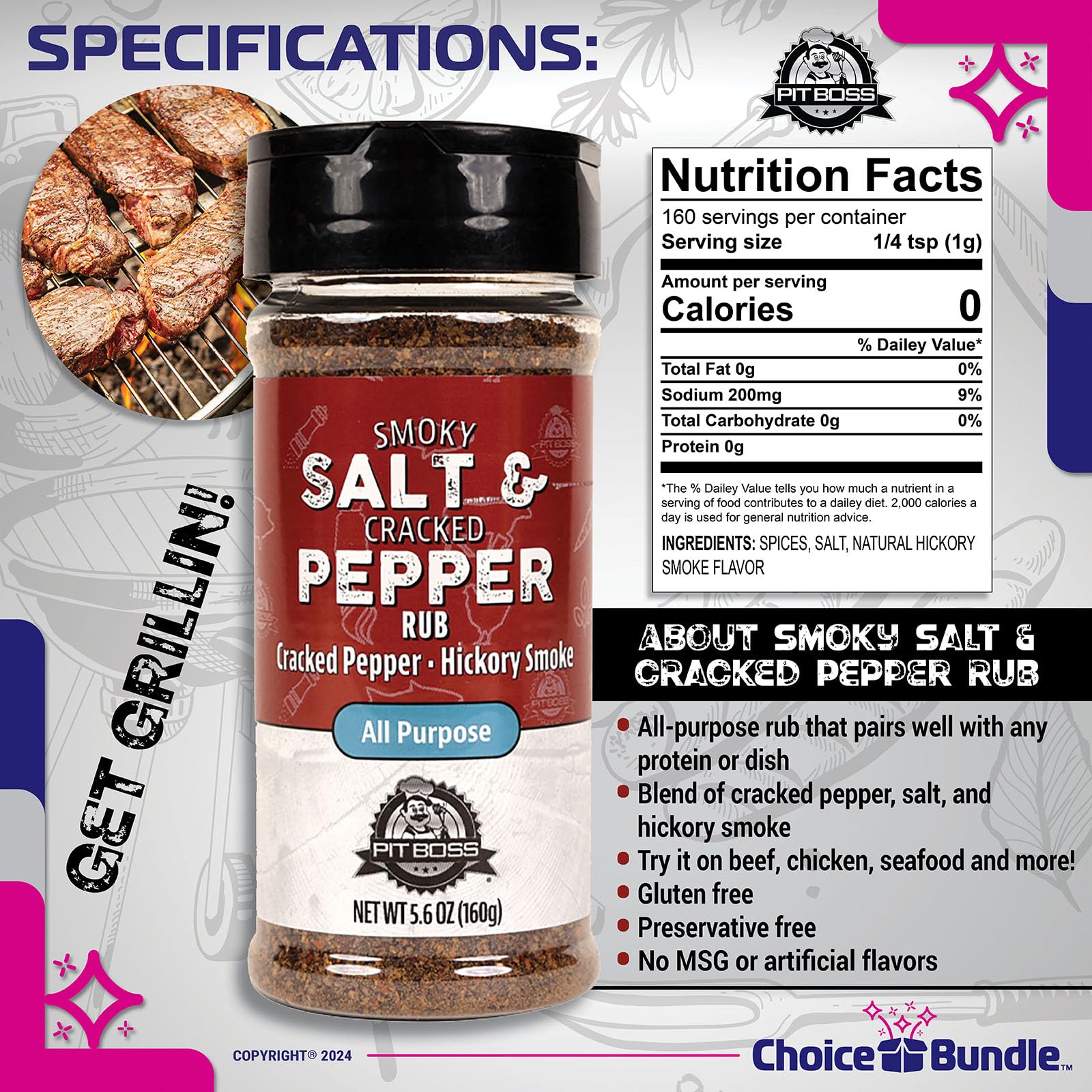 Pit Boss Smoky Salt & Cracked Pepper All Purpose AP Premium BBQ Barbecue Mixed Seasoning Spice & Rub 4 pk Choice Bundle (22.4 oz) + Guide & Keychain