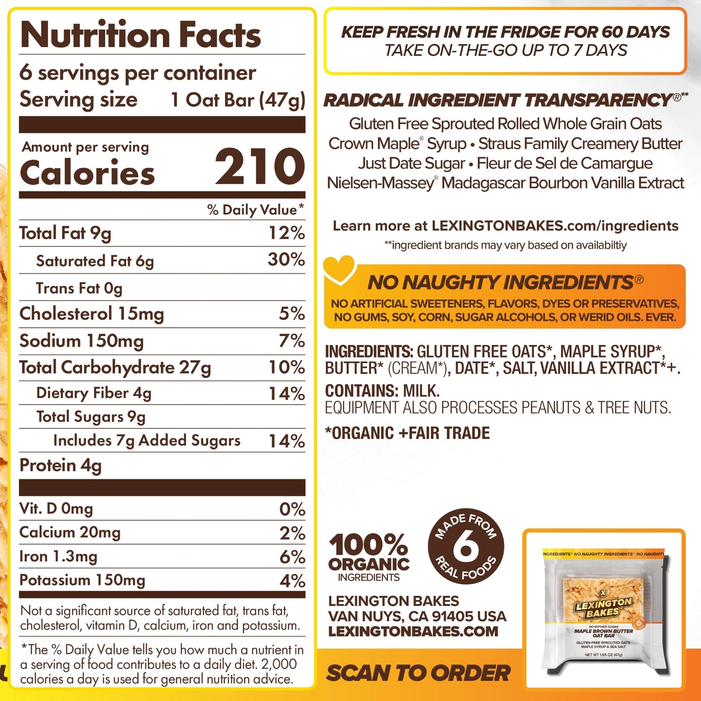 LEXINGTON BAKES, Chilled Oat Bar, Maple Brown Butter, Pack of 6 Granola Bars | 4g Protein | 4g Fiber | 7g Added Sugar - Gluten Free Oats, Sprouted