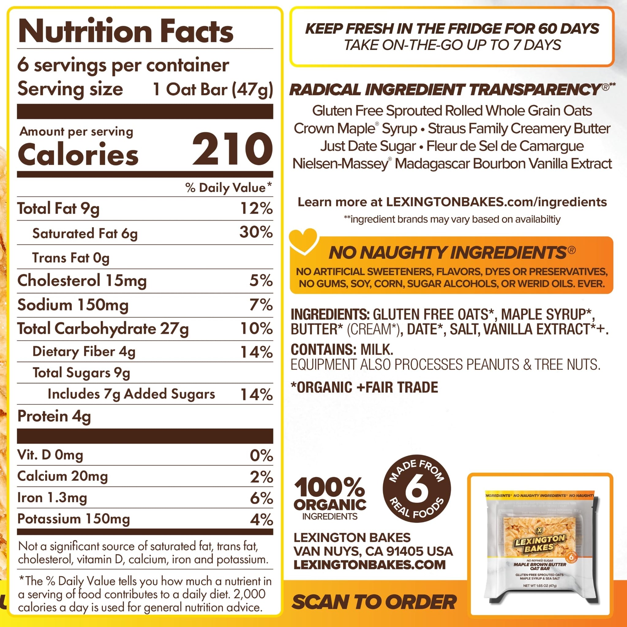 LEXINGTON BAKES, Chilled Oat Bar, Maple Brown Butter, Pack of 6 Granola Bars | 4g Protein | 4g Fiber | 7g Added Sugar - Gluten Free Oats, Sprouted