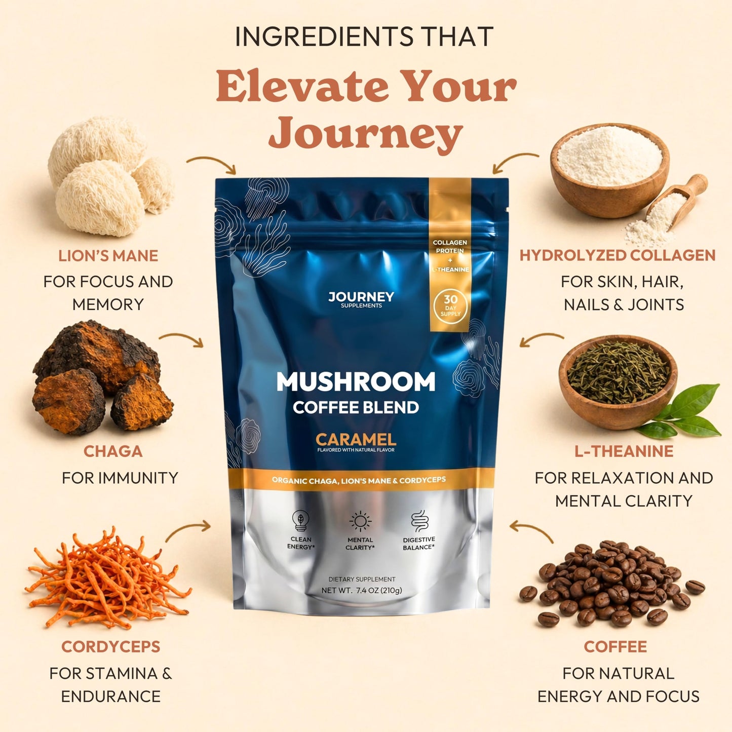 Mushroom Coffee with Collagen - Caramel Blend - Adaptogenic Instant Coffee for Energy, Focus, & Mental Clarity - Enhanced with Lion’s Mane, Chaga