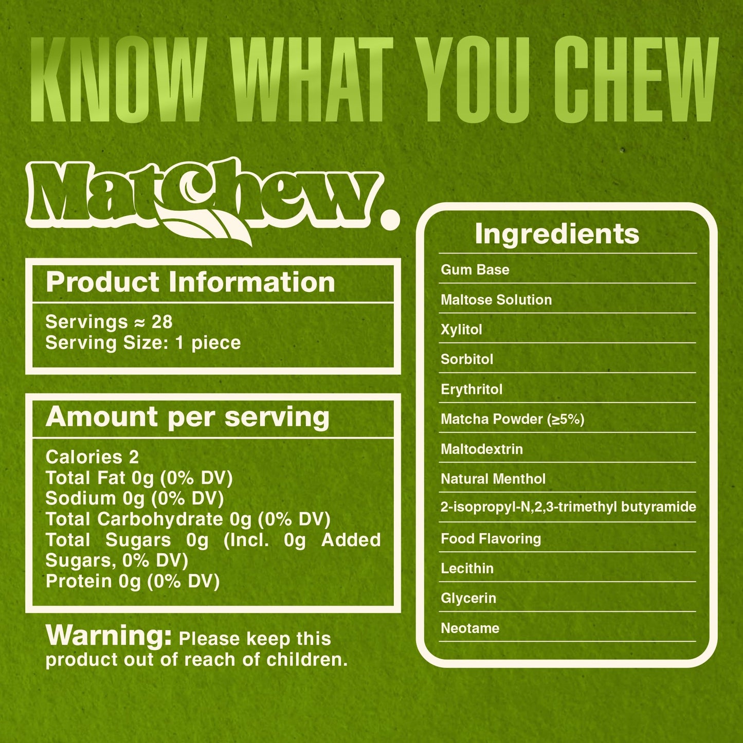 Element 717 Matchew Matcha Green Tea Chewing Gum With Minty Finish - 28 Pieces - Made with Real Matcha Powder - Low Calorie Vegan Sugar Free Gum
