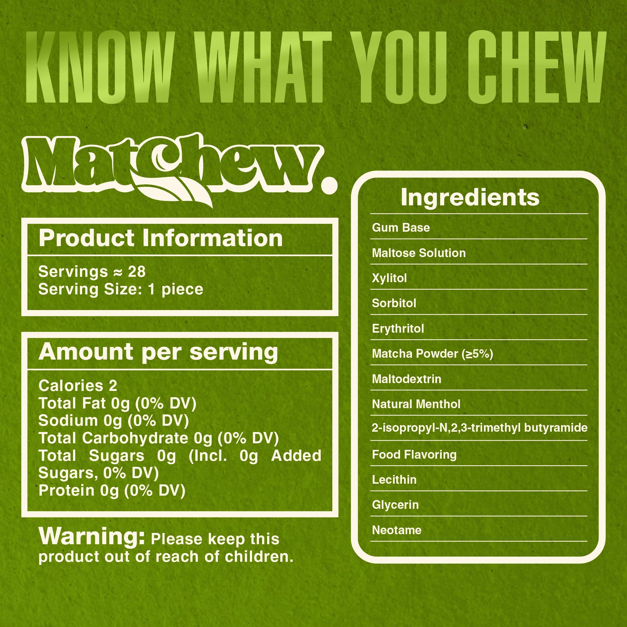 Element 717 Matchew Matcha Green Tea Chewing Gum With Minty Finish - 28 Pieces - Made with Real Matcha Powder - Low Calorie Vegan Sugar Free Gum