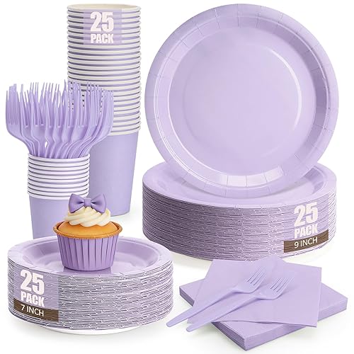 Lavender Plates and Napkins Party Supplies, Include 9’’ Disposable Paper Plate, 7’’ Dessert Plates and Cups and Napkins Forks Set for Birthday