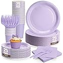 Lavender Plates and Napkins Party Supplies, Include 9’’ Disposable Paper Plate, 7’’ Dessert Plates and Cups and Napkins Forks Set for Birthday