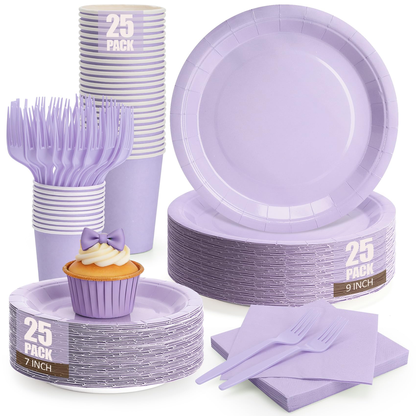 Lavender Plates and Napkins Party Supplies, Include 9’’ Disposable Paper Plate, 7’’ Dessert Plates and Cups and Napkins Forks Set for Birthday
