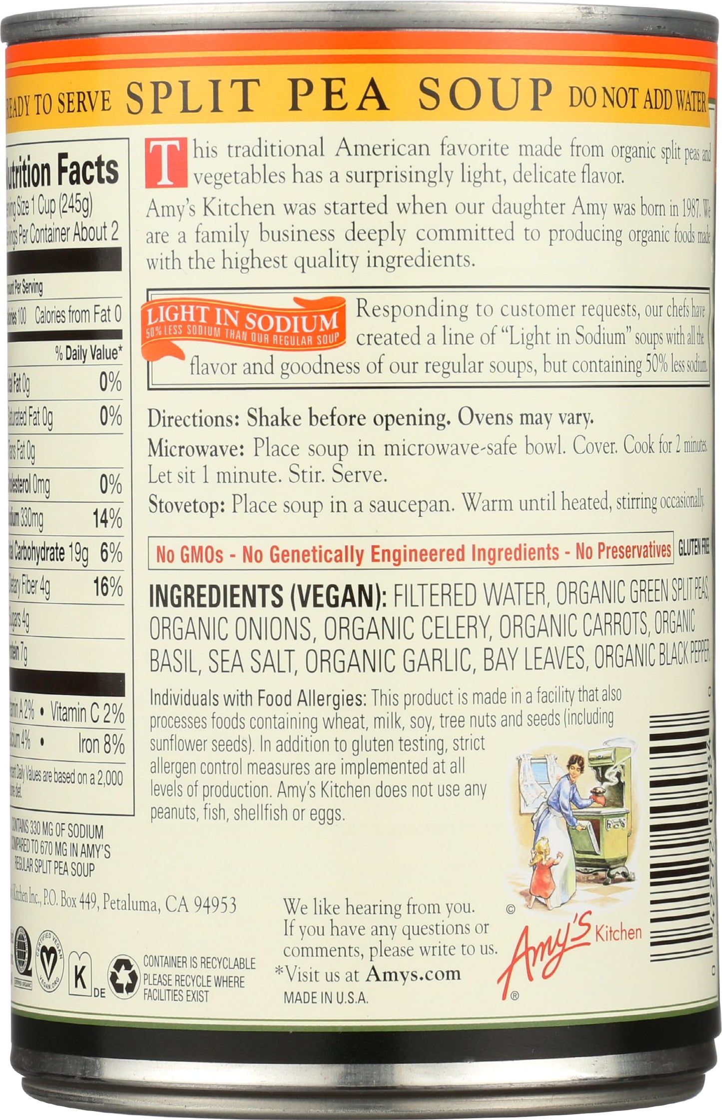 Amys, Soup Split Pea Low Sodium Organic, 14.1 Ounce