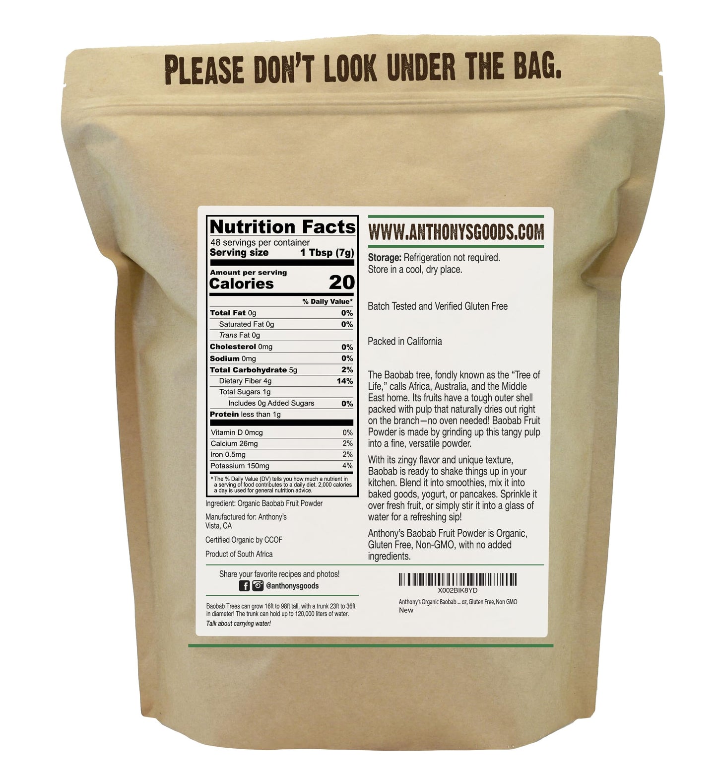Anthony's Organic Baobab Fruit Powder, 12 oz, Gluten Free, Non GMO