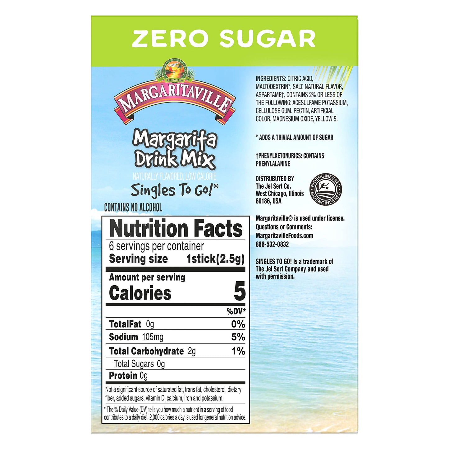 Margaritaville, Singles To Go Water Drink Mix Flavored NonAlcoholic Powder Sticks 6 Count, Margarita, 0.55 Ounce