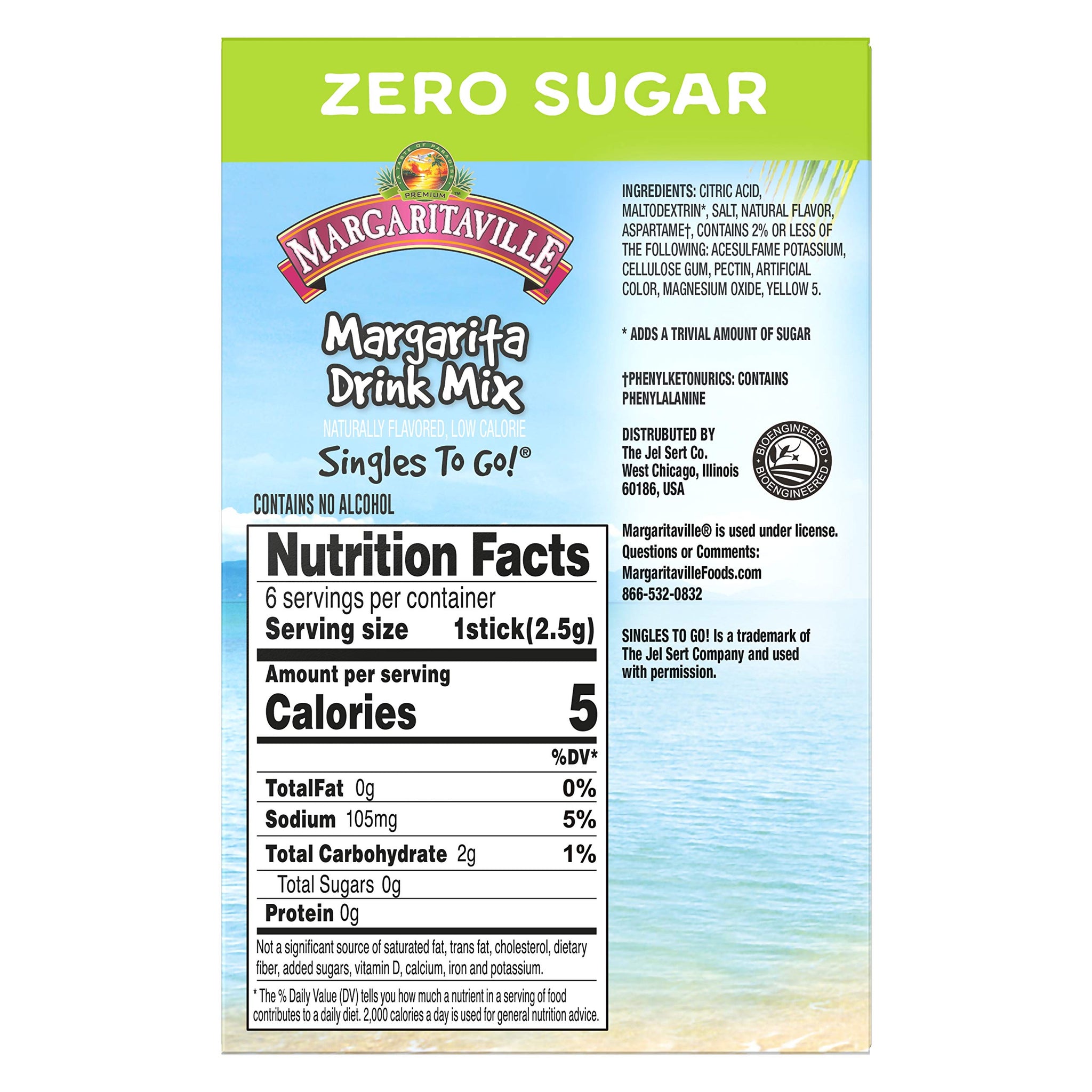 Margaritaville, Singles To Go Water Drink Mix Flavored NonAlcoholic Powder Sticks 6 Count, Margarita, 0.55 Ounce