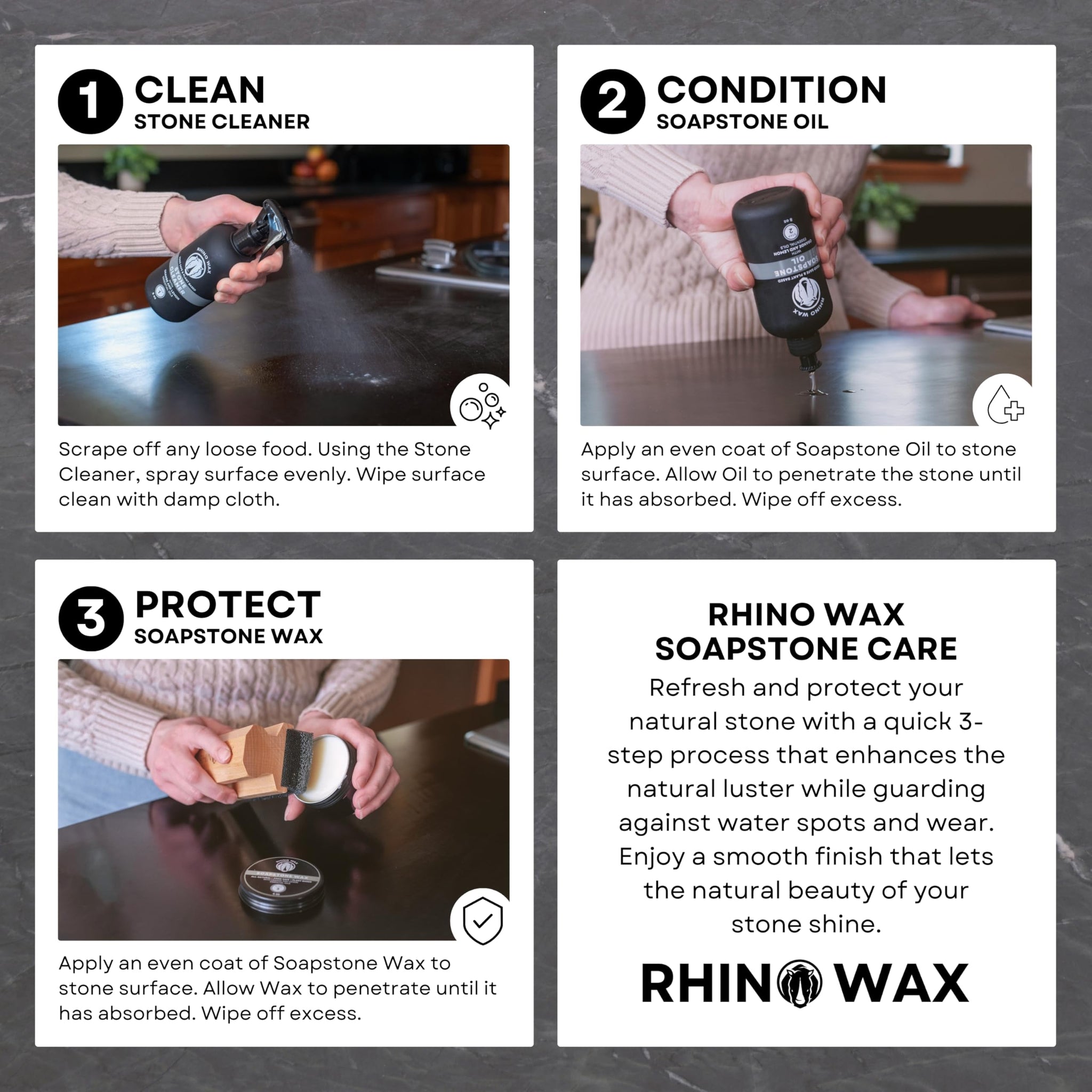 Rhino Wax Soapstone Spray Cleaner - Safely Clean Soap Stone, Slate, Granite, Quartz, Marble, Concrete - Food Safe - Natural Ingredients - Fresh Orange