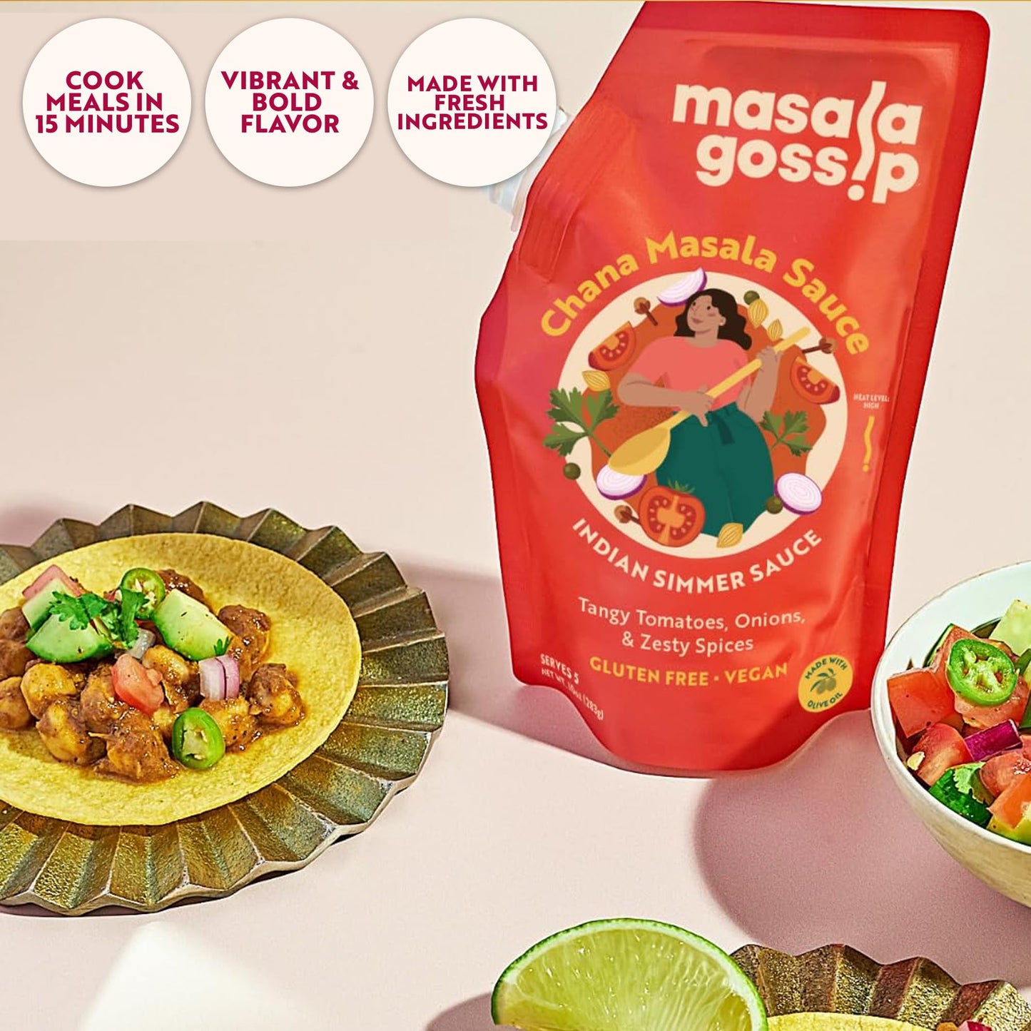 Masala Gossip Chana Masala Simmer Sauce 10 oz - Authentic Indian Curry Sauce, Tangy Anardana Spice Blend, Gluten-Free, Seed Oil Free, No Artificial