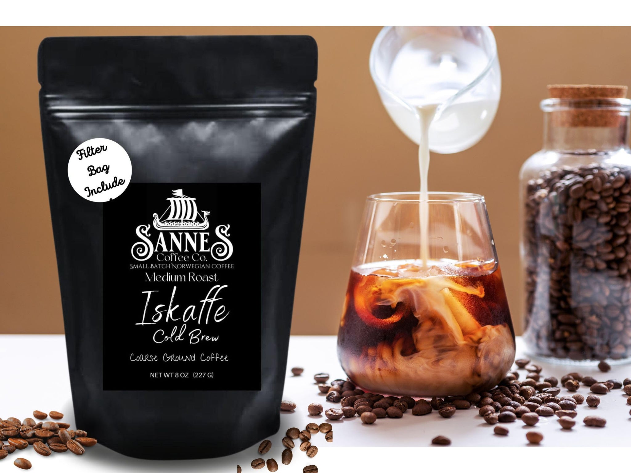 Sannes Coffee Co. Norwegian Iskaffe Cold Brew Coffee-Medium Roast-Course Grind-Filter Bag Included-Makes 1 Gallon of Cold Brew