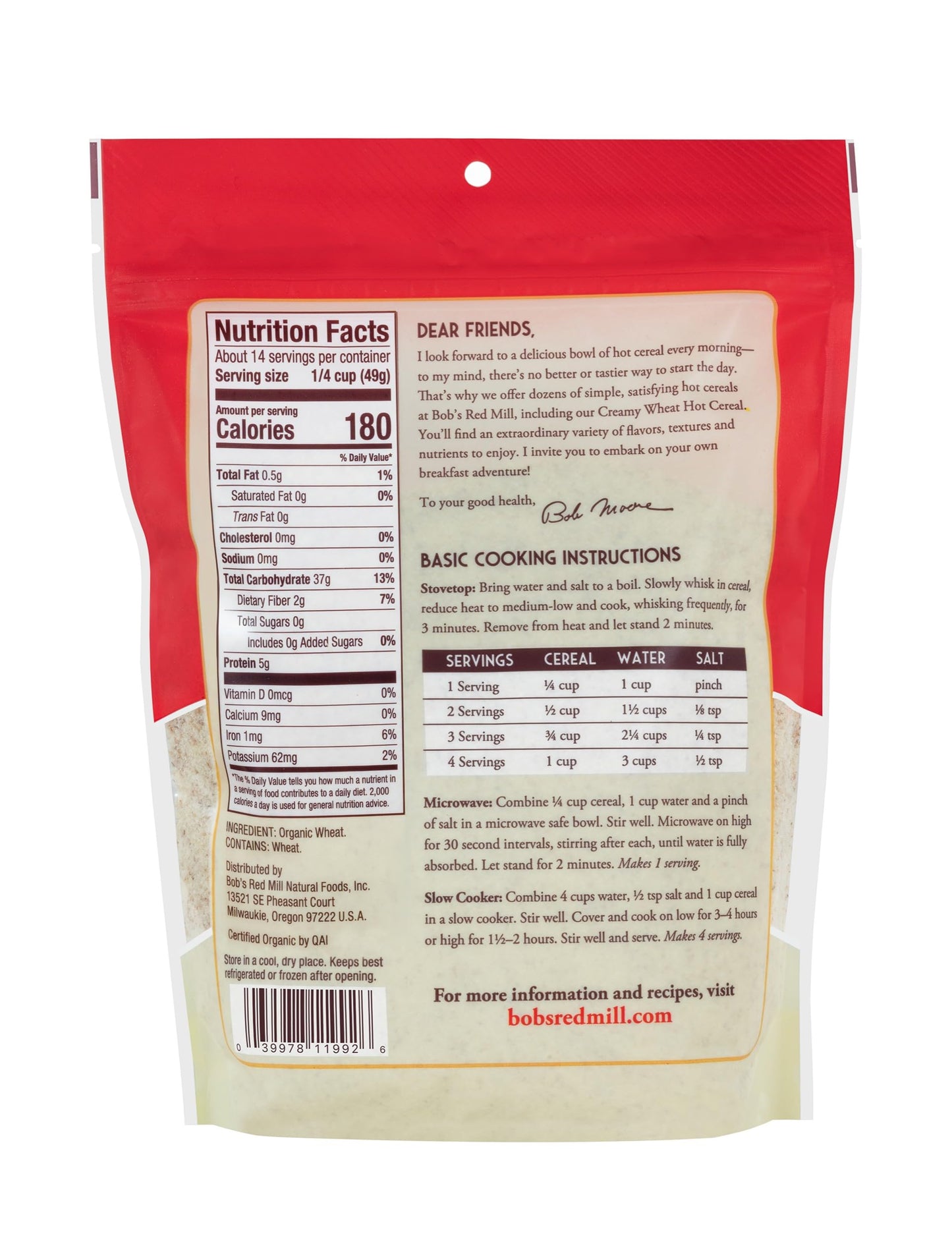 Bob's Red Mill Organic Creamy Wheat Hot Cereal, 24oz (Pack of 4) - Organic, Non GMO, Gluten Free, Whole Grain, Vegan, Kosher