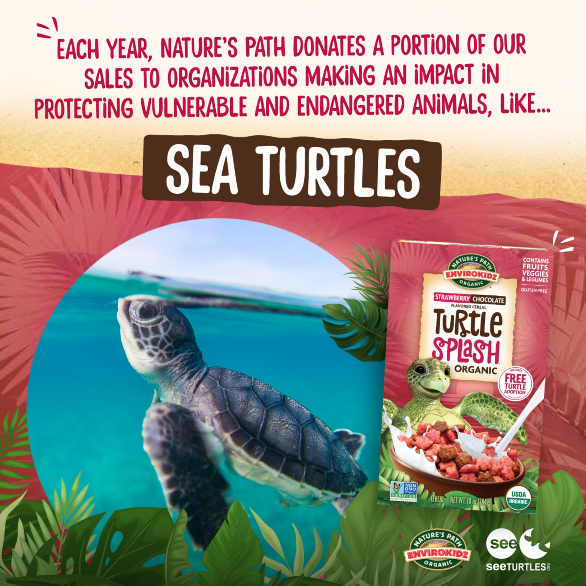 EnviroKidz Organic Turtle Splash Cereal, 10 oz (Pack of 1), Strawberry & Chocolate, Gluten Free, Non-GMO, Fair Trade, by Nature's Path