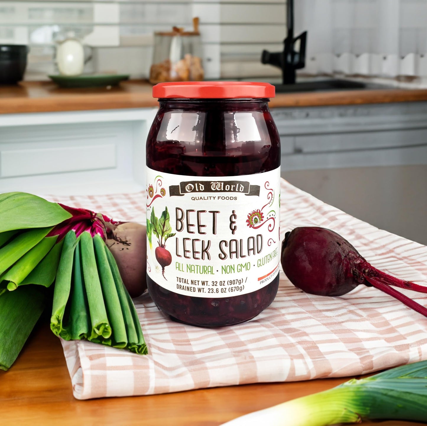 European Salad Set - Four 32 Oz Jars of Pickled Vegetables includes German Salad, Greek Salad, Beet & Leek Salad, and Marinated Peppers