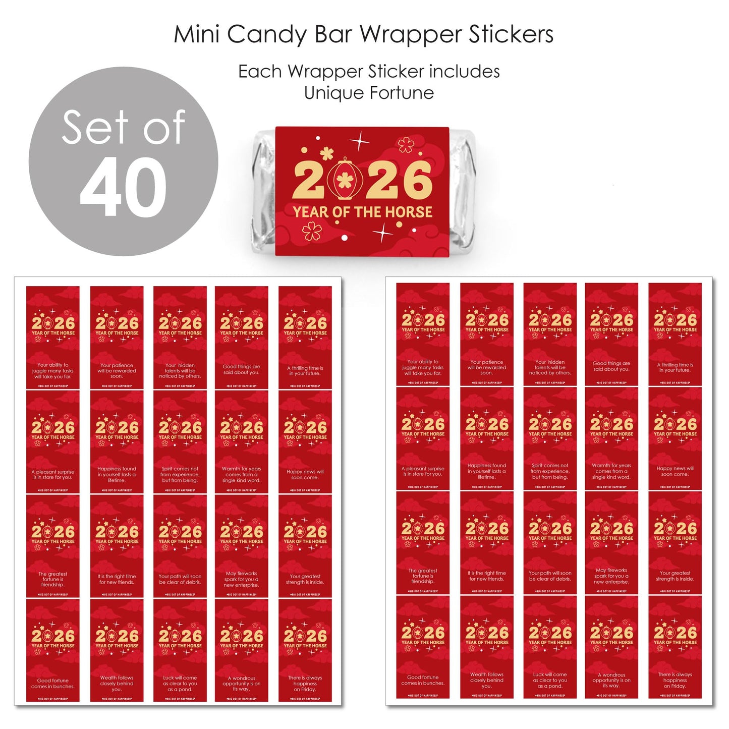 Big Dot of Happiness Lunar New Year - Fortune Mini Candy Bar Wrapper Stickers - 2026 Year of The Horse Small Favors - 40 Count
