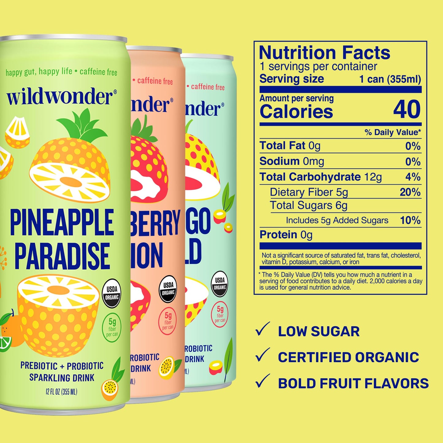 wildwonder Sparkling Probiotic Drink 12pk, For Gut Health & Immune Support, Tropical Vibes Variety, 5g Prebiotic Fiber, Live Probiotics, Organic
