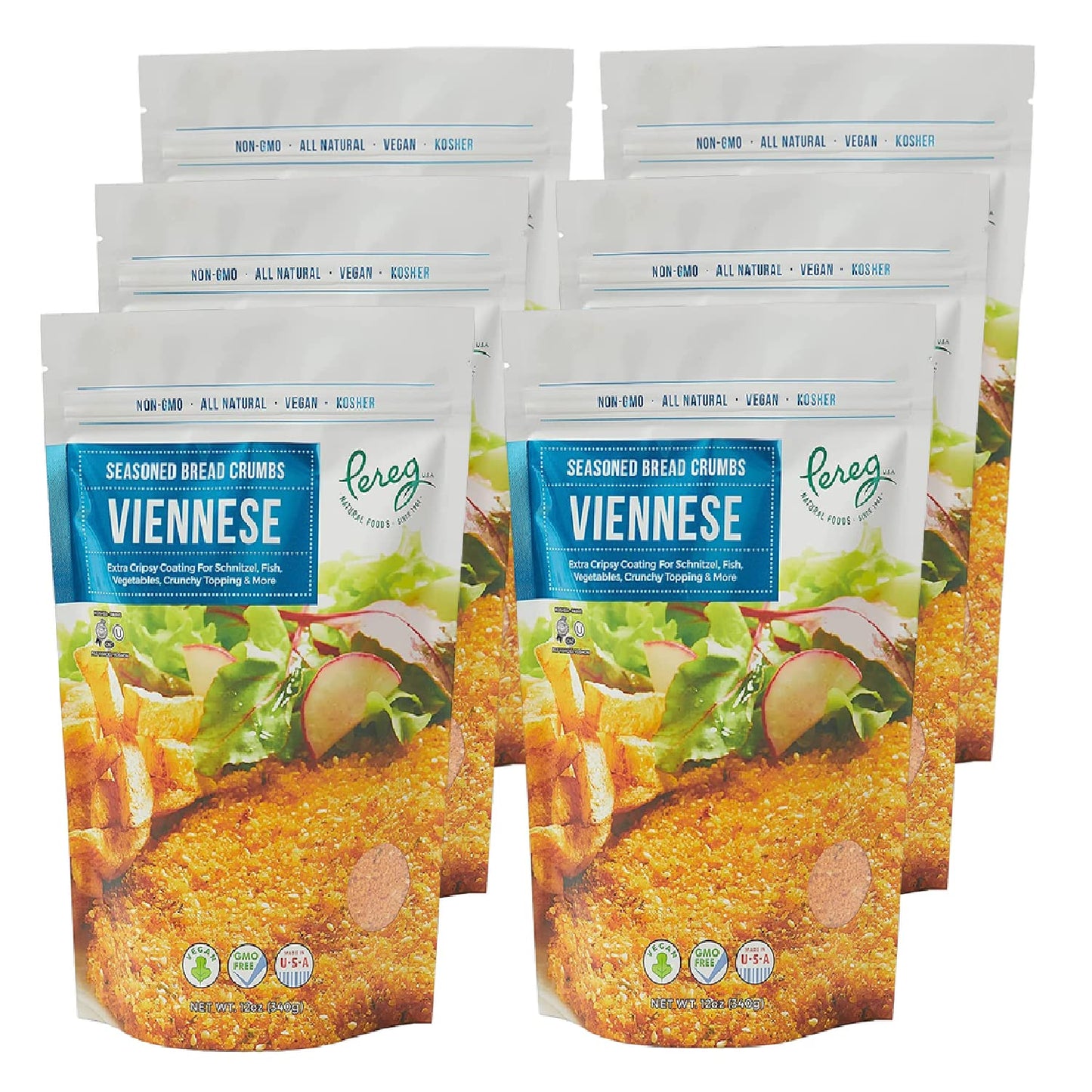 Pereg Bread Crumbs Viennese (12 Oz x 6 Pack) - Crispy Crunchy Breadcrumbs for Coating & Stuffing - Coat Schnitzel, Vegetables, Fish, Meatballs - Kosher Certified - Resealable Packaging