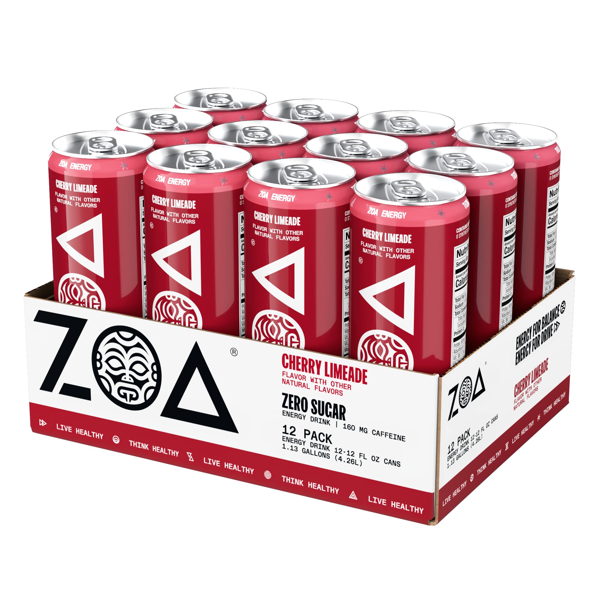 ZOA Zero Sugar Energy Drinks - Cherry Limeade | Healthy Energy Formula with Natural Caffeine, Daily Vitamin C, Essential B-Vitamins | Gluten-Free