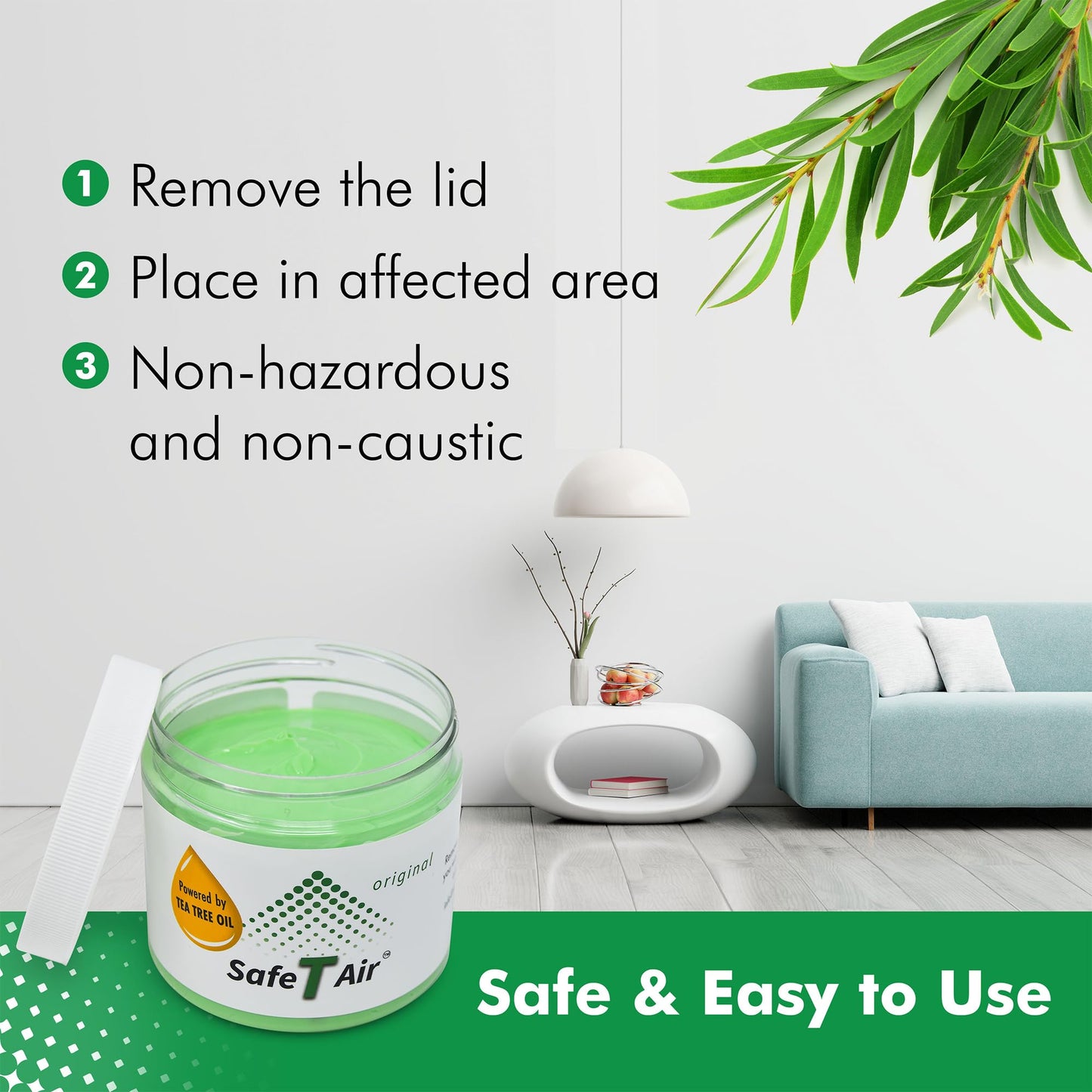 Safe T Air Tea Tree Oil Air Freshener Gel - Natural Odor Eliminator for Car, Home & Bathroom - Removes Smoke, Pet & Musty Odors - Long Lasting
