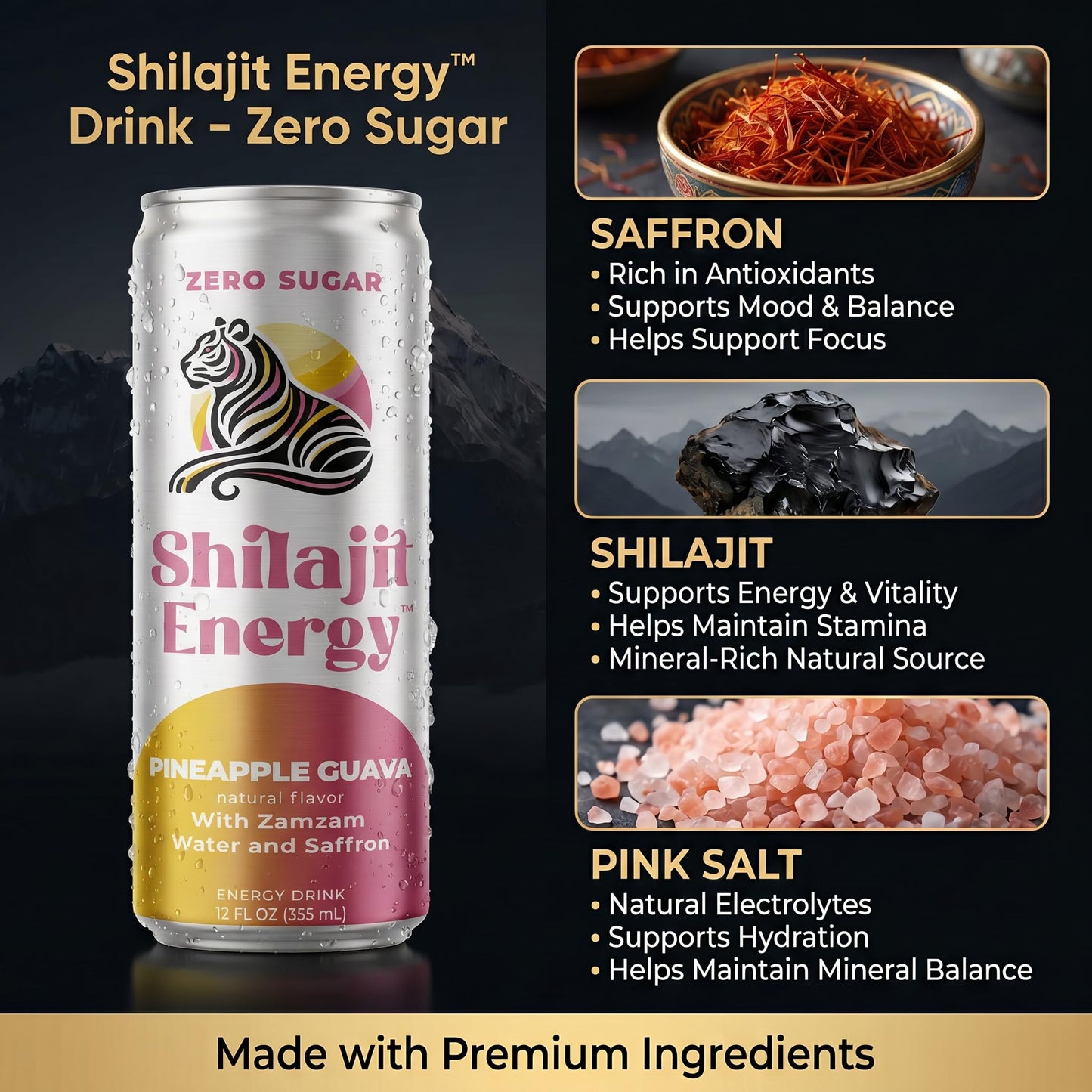 Zero Sugar Energy Drink with Shilajit & Saffron - Pineapple Guava - 12 Pack (12oz Cans) - Electrolytes, Pink Salt & Zam Zam Water - No Crash Energy