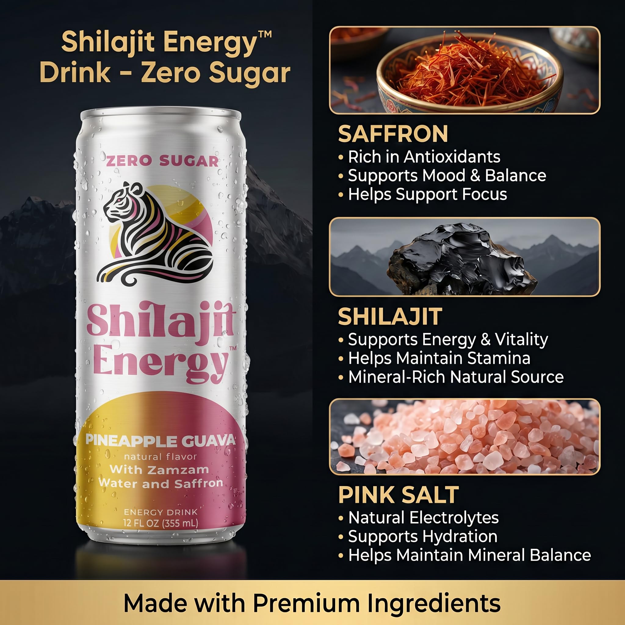 Zero Sugar Energy Drink with Shilajit & Saffron - Pineapple Guava - 12 Pack (12oz Cans) - Electrolytes, Pink Salt & Zam Zam Water - No Crash Energy