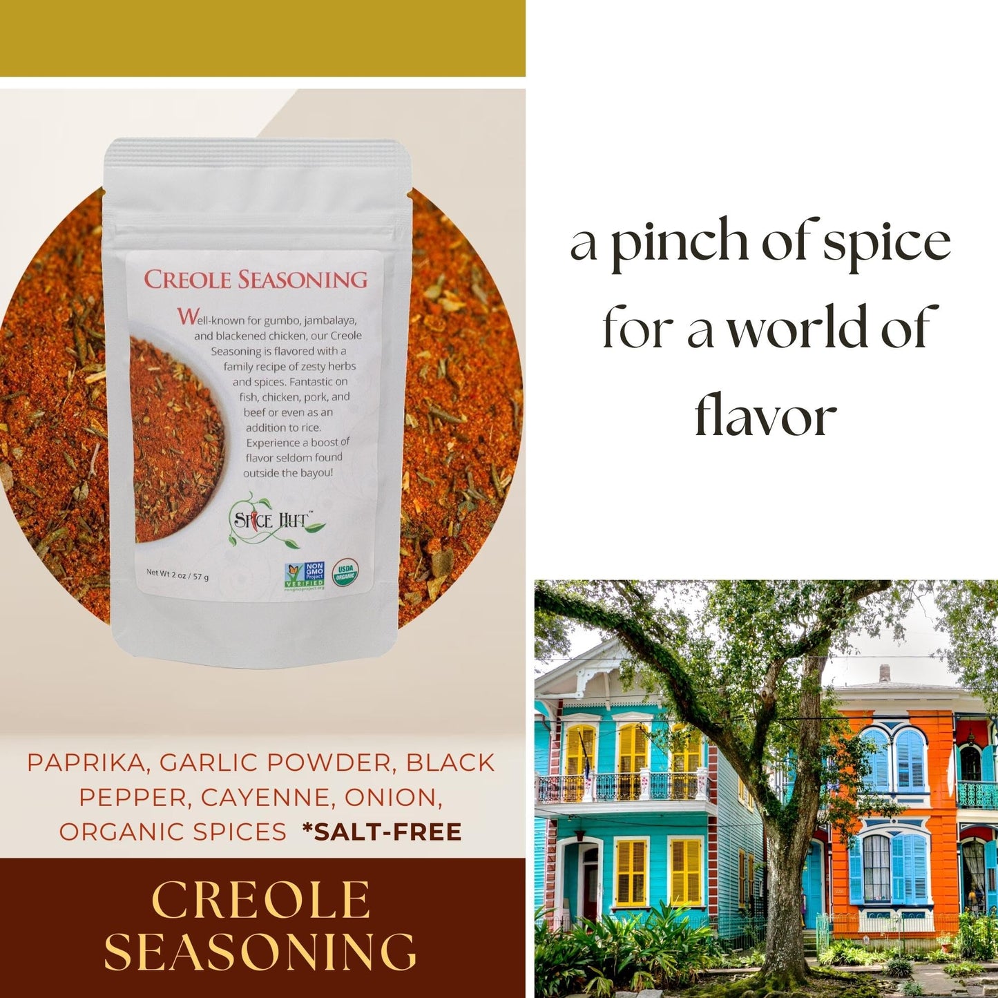 Organic Creole Seasoning, Cajun/New Orleans/Louisiana Cooking, Gumbo & Jambalaya, Bulk Pouch, Salt Free, 16 Oz, The Spice Hut