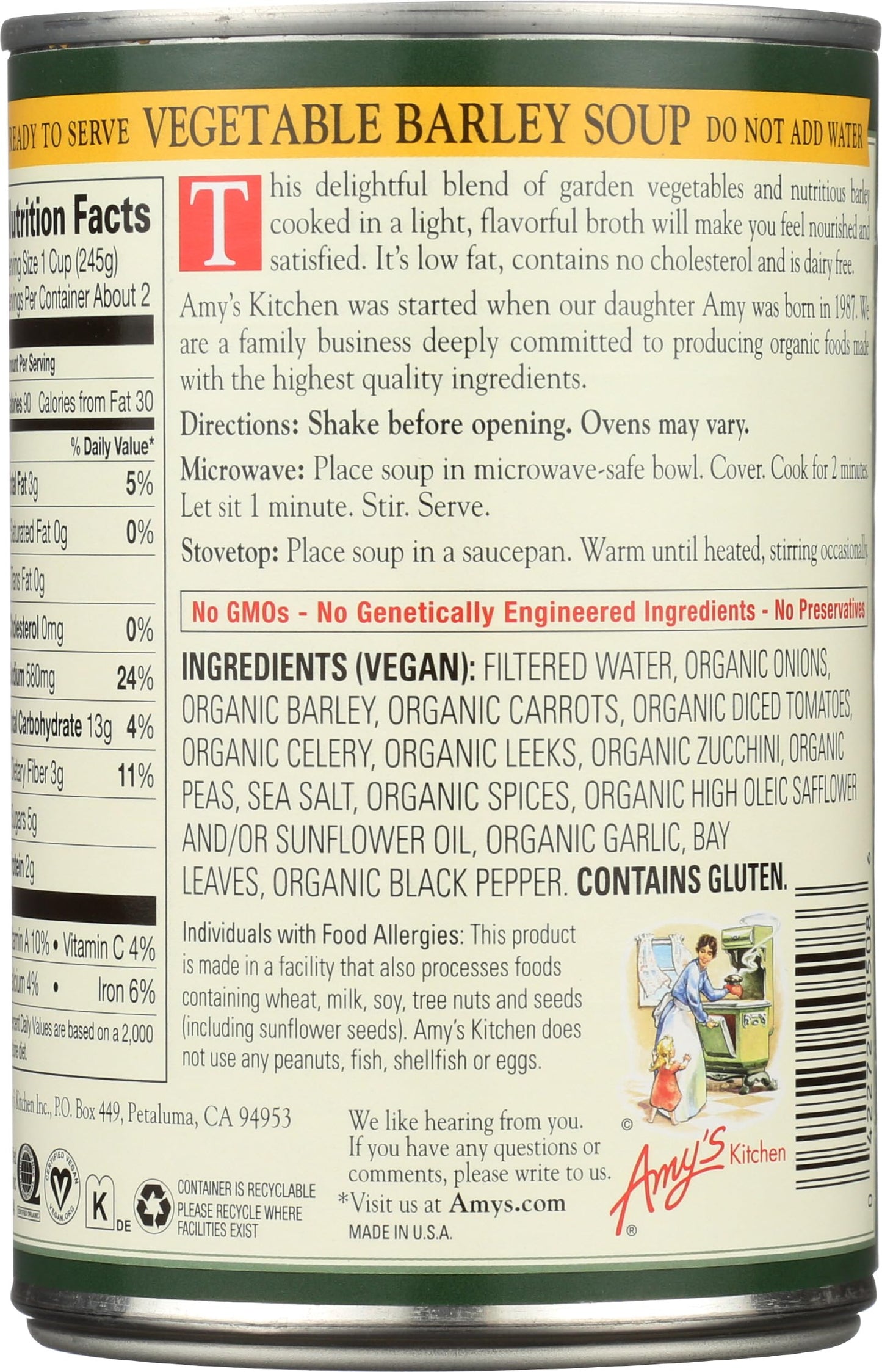 Amy's Organic Soups, Low Fat Vegetable Barley, 14.1 Ounce