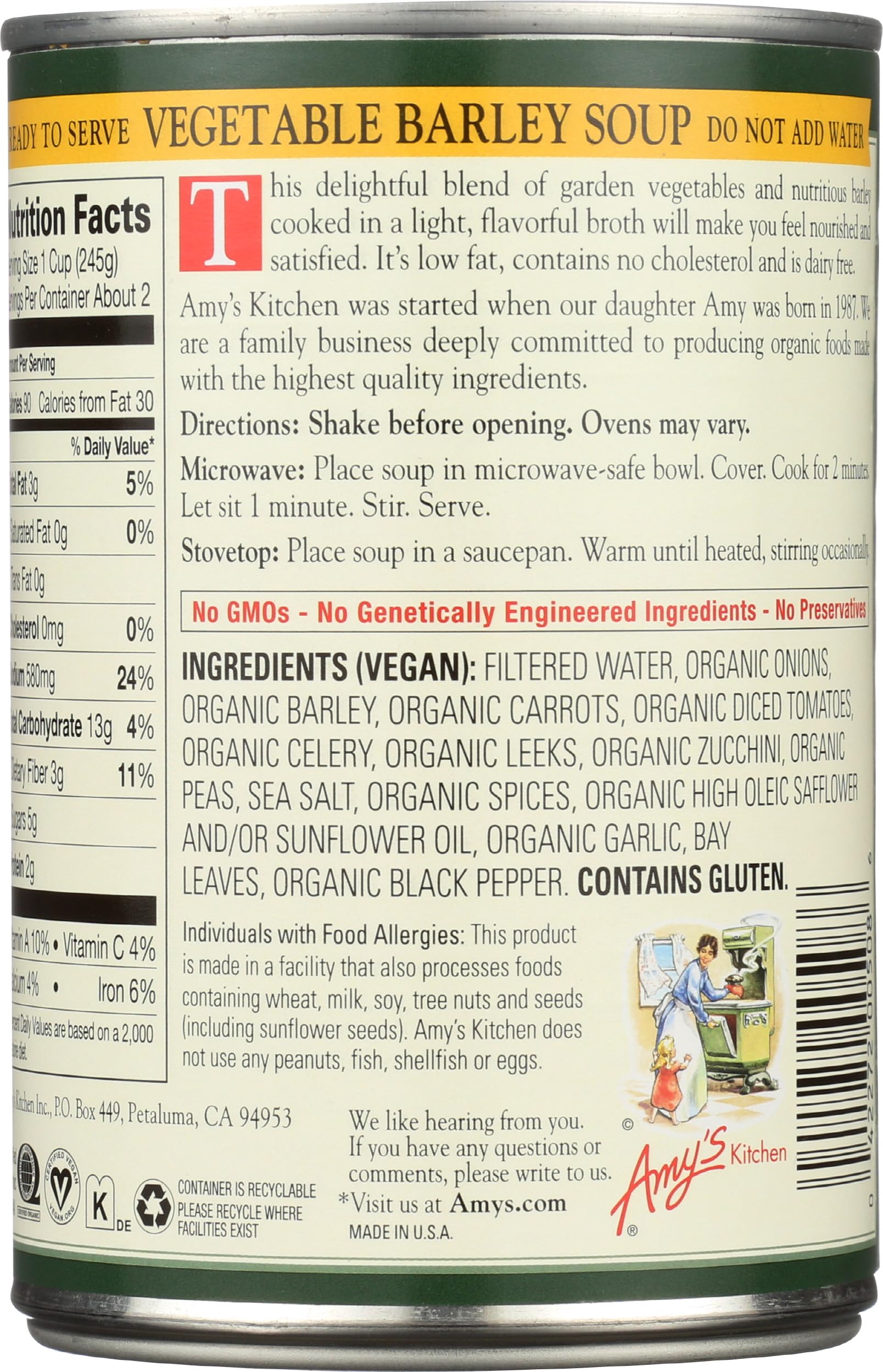 Amy's Organic Soups, Low Fat Vegetable Barley, 14.1 Ounce