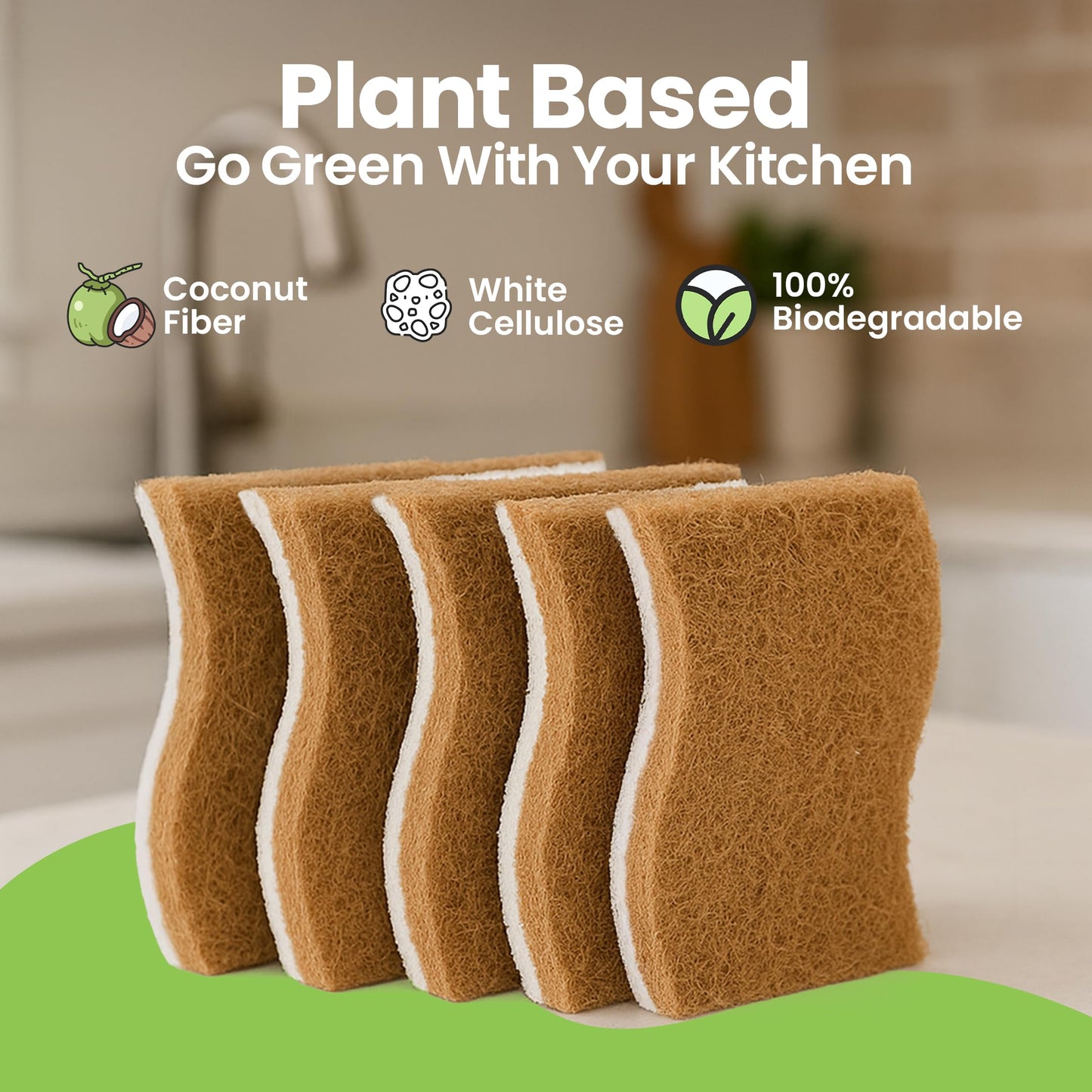 Super Eco Natural Kitchen Sponges Pack of 12 - Biodegradable Compostable Cellulose & Coconut Scrubber Sponge with Non-Scratch - Long Lasting, Eco