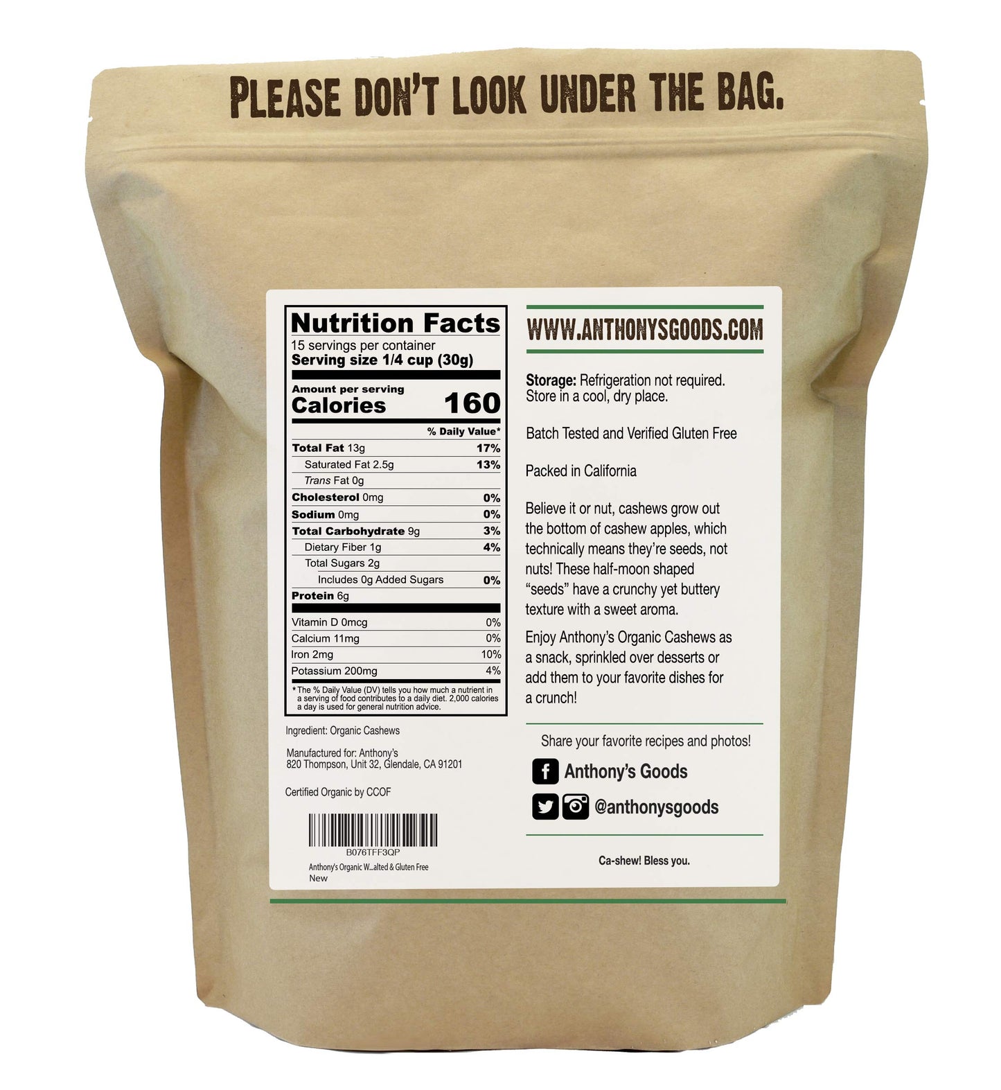 Anthony's Organic Whole Cashews, 1 lb, Raw, Unsalted & Gluten Free