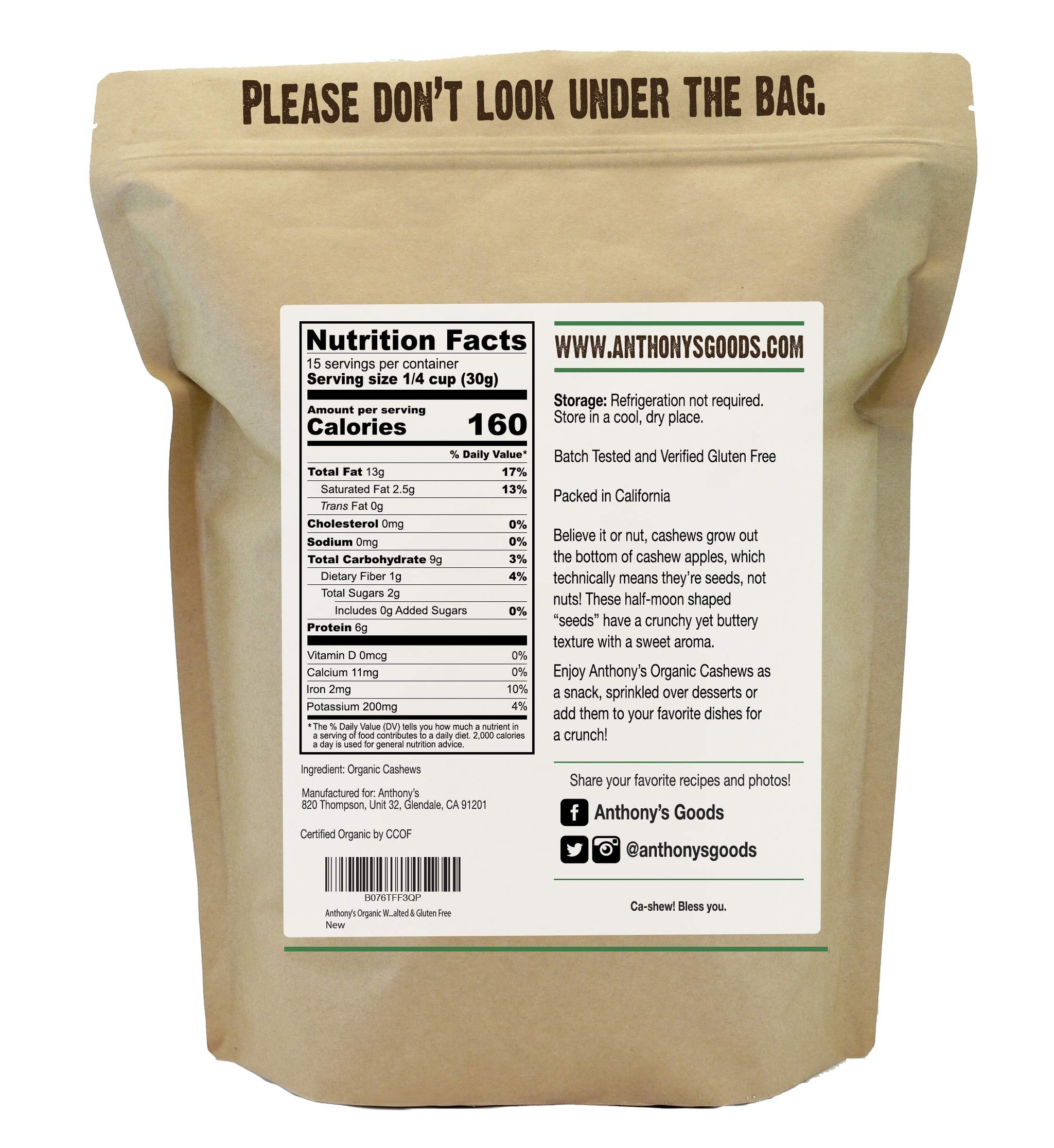 Anthony's Organic Whole Cashews, 1 lb, Raw, Unsalted & Gluten Free