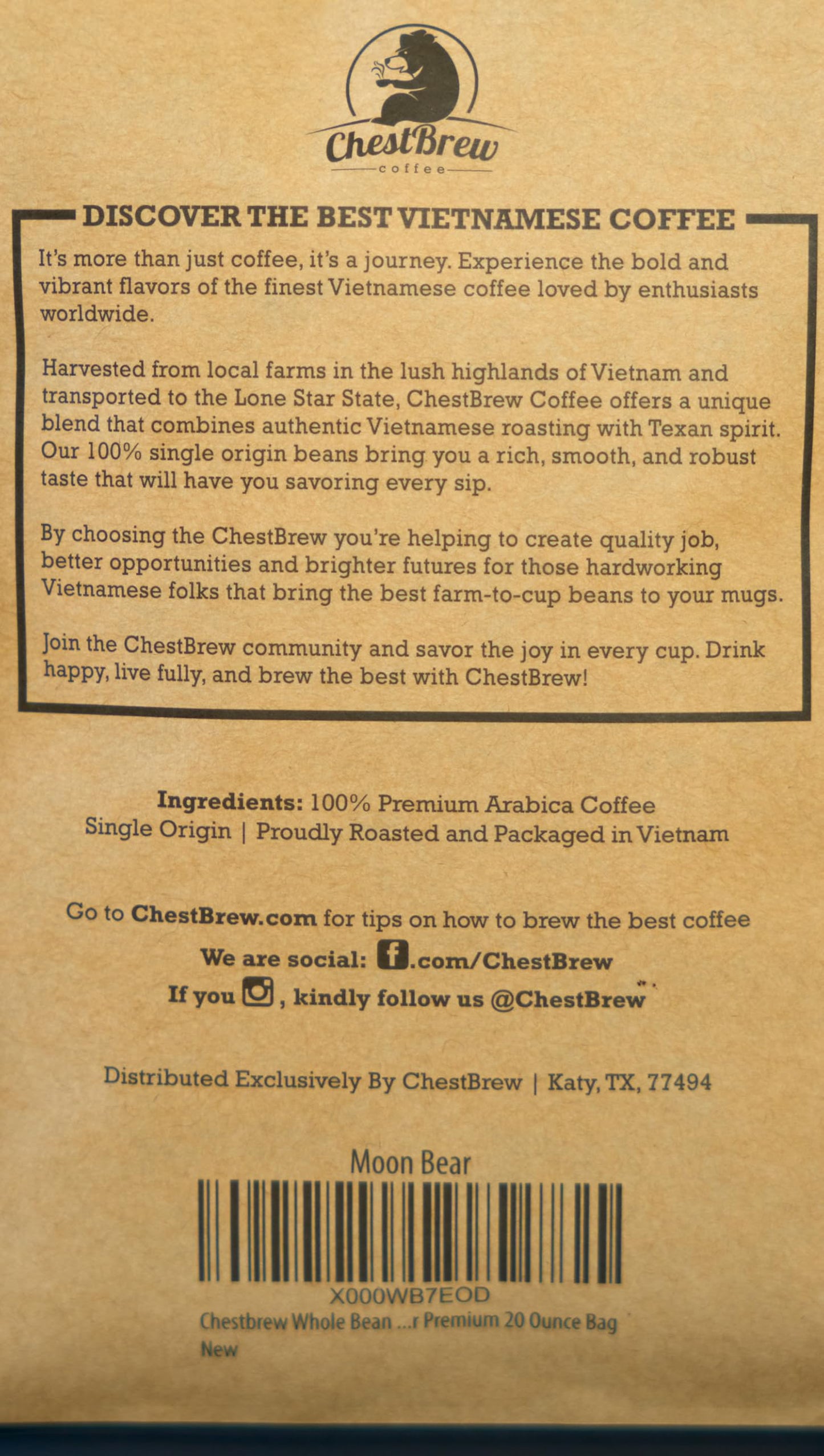 ChestBrew Moon Bear - Strong Smooth Vietnamese Whole Bean Coffee, 20 oz