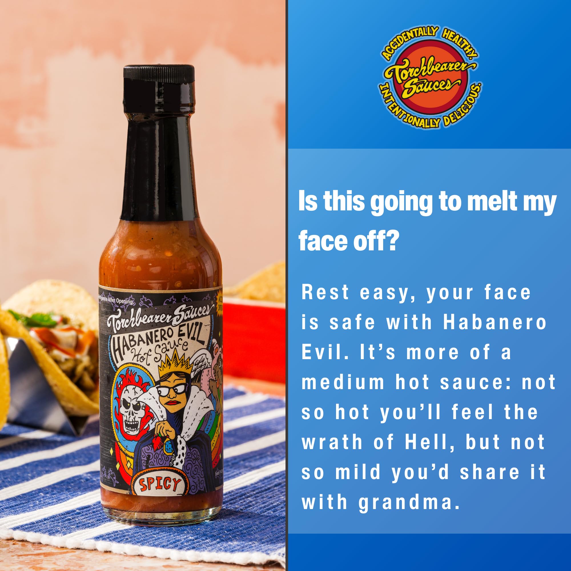 Torchbearer Sauces Habanero Evil Hot Sauce 5oz, Medium Spicy Heat Level 4 - All Natural Hot Sauce, Extract-Free, Made in USA
