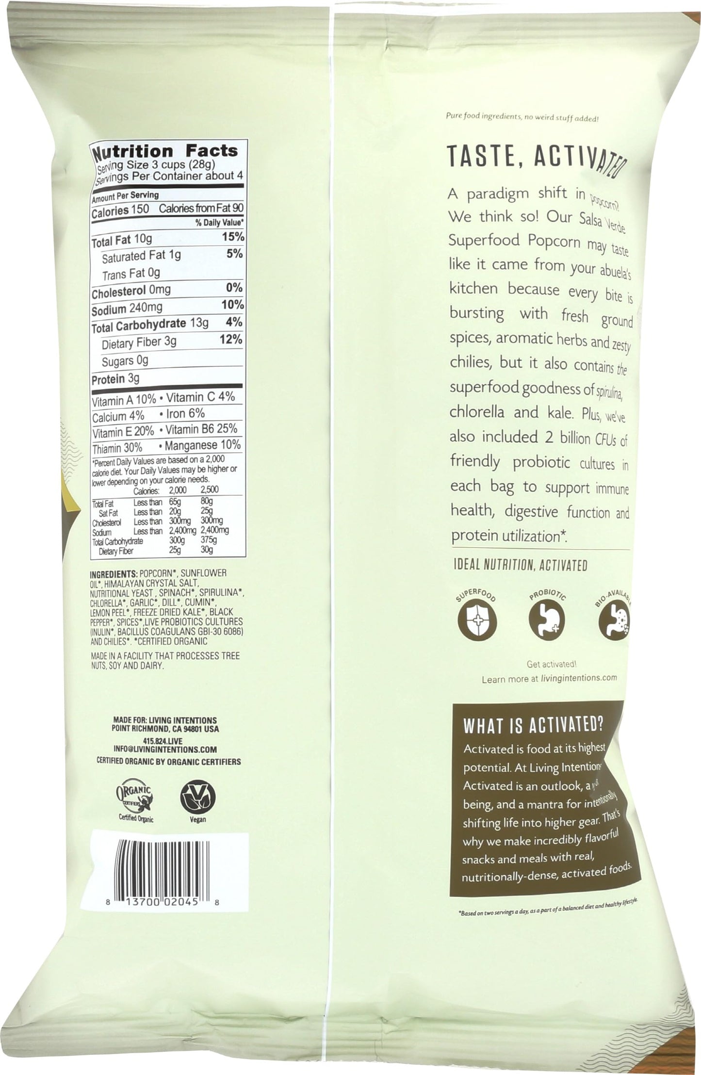 Living Intentions Organic Superfood Popcorn - Salsa Verde - NonGMO - Gluten Free - Vegan - 4 Ounce Unit