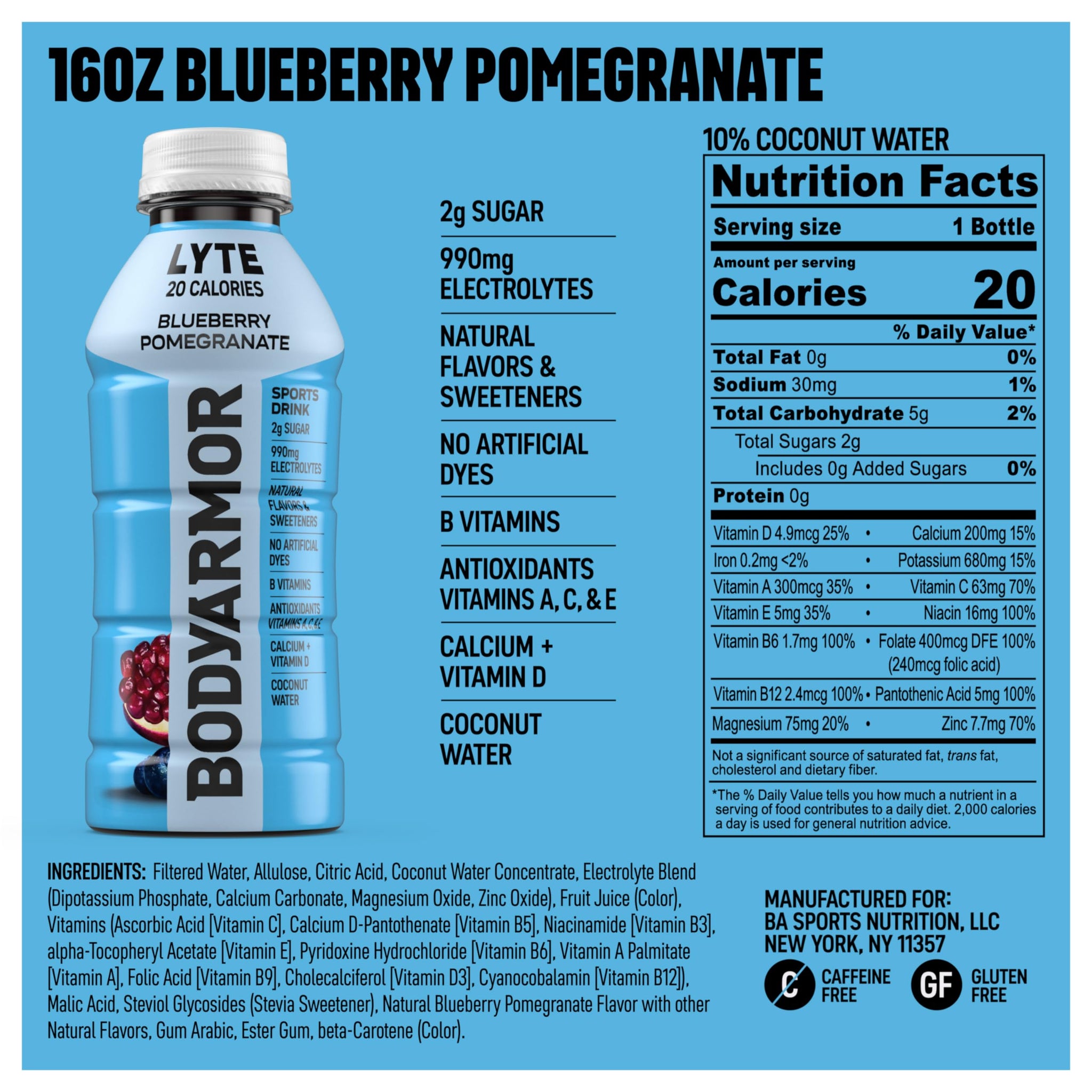 BODYARMOR Lyte Sports Drink Low-Calorie Sports Beverage, Blueberry Pomegranate, Coconut Water Hydration, Natural Flavors with Vitamins