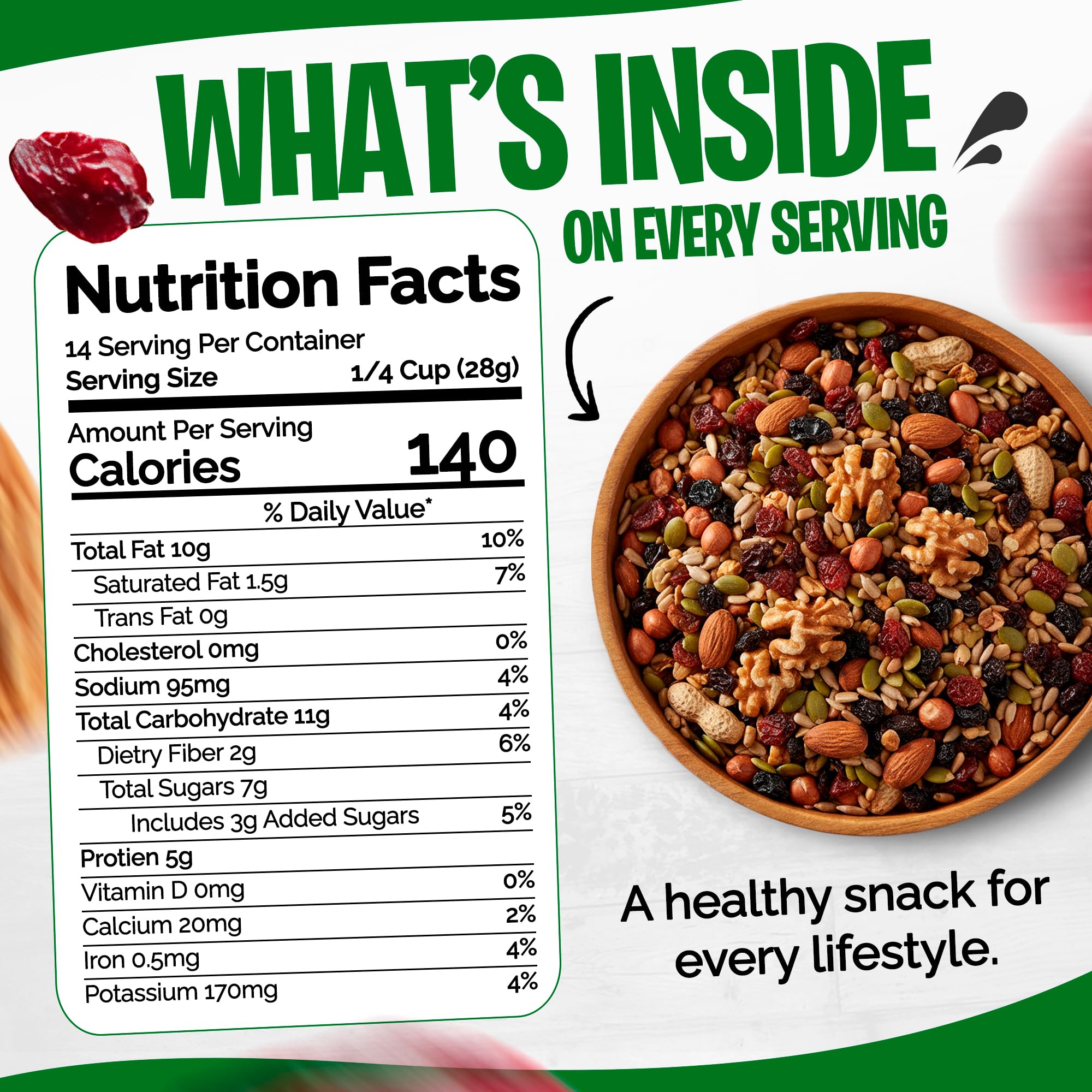 Tidbit Trail Mix with Roasted Peanuts, Almonds, Walnuts, Pumpkin Seeds, Sunflower Seeds, Black Raisins & Dried Cranberries - Mixed Nuts for Natural