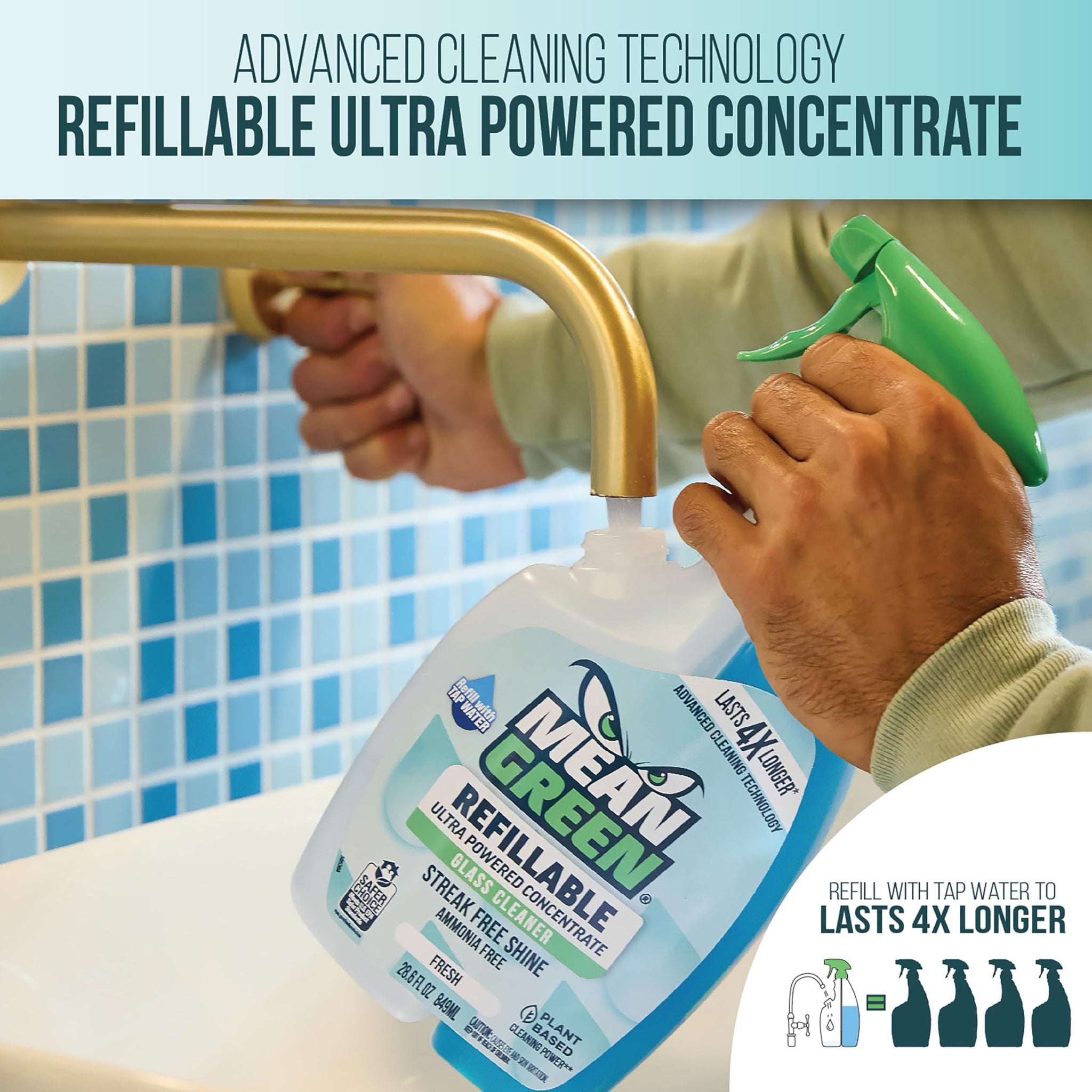 Mean Green Refillable Ultra Powered Glass Cleaner Concentrate, Fresh Scent, 14.3 fl oz - Plant & Mineral Based, Streak-Free Shine, Refillable Bottle
