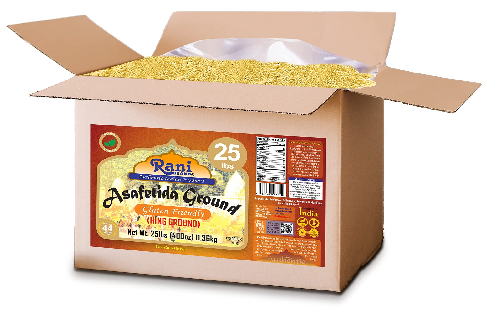 Rani Asafetida (Hing) Ground 400oz (25lbs) 11.36kg Gluten Friendly, Bulk Box ~ All Natural | Salt Free | Vegan | Non-GMO | Kosher | Asafoetida Indian