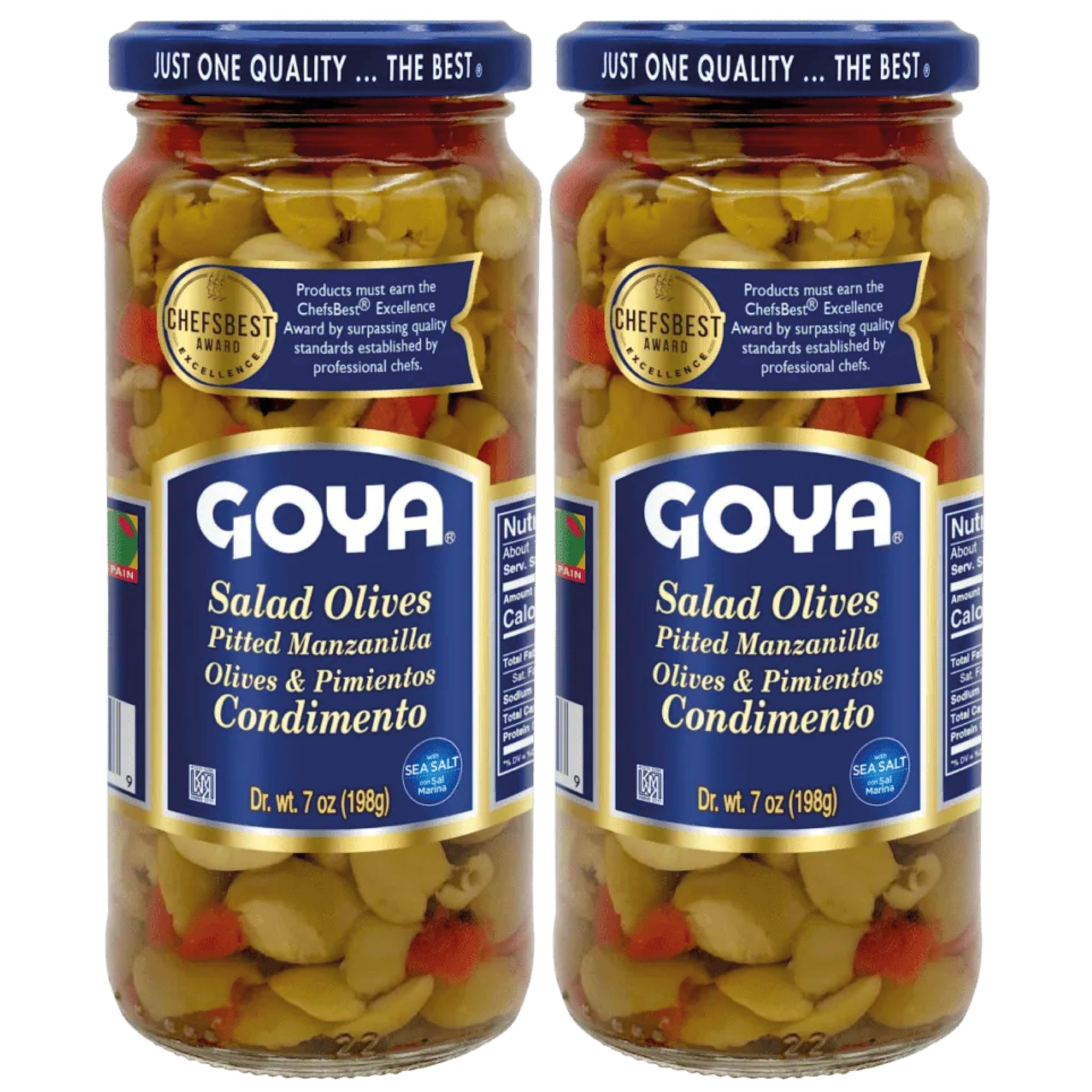 Goya Salad Olives, Pitted Manzanilla Spanish Olives with Pimientos, Tangy, Flavorful for Cocktails, Tapas, Salads, and Snacking, 2-Pack (7 oz Jars)
