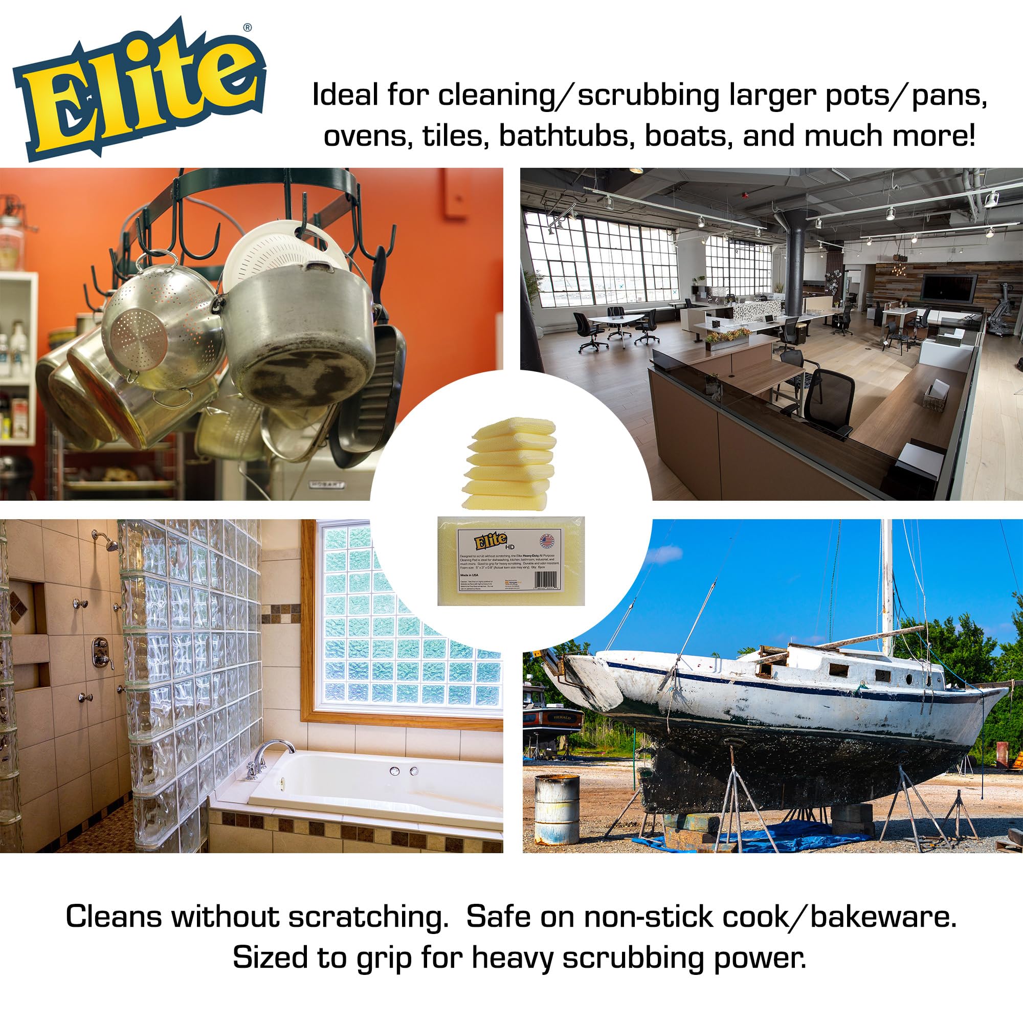 Elite HD (Heavy Duty) All Purpose Cleaning Pad, 6 Pack, Non Scratch, Dish Sponge, Scrubber, Made in USA. Large Thick Sponge for Household