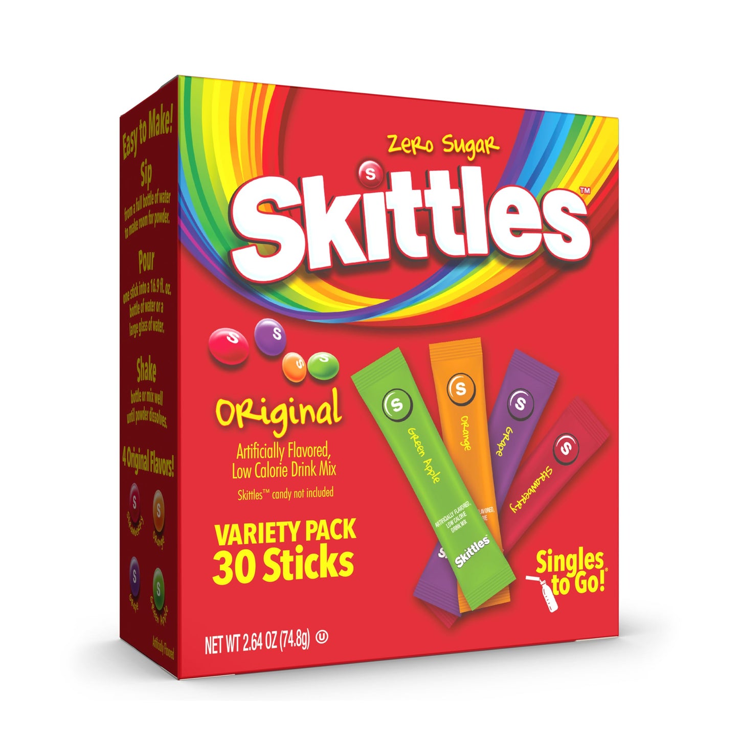 SINGLES TO GO! Skittles Variety Pack, Watertok Powdered Drink Mix, Zero Sugar, Low Calorie, Includes 4 Flavors: Green Apple, Strawberry, Grape